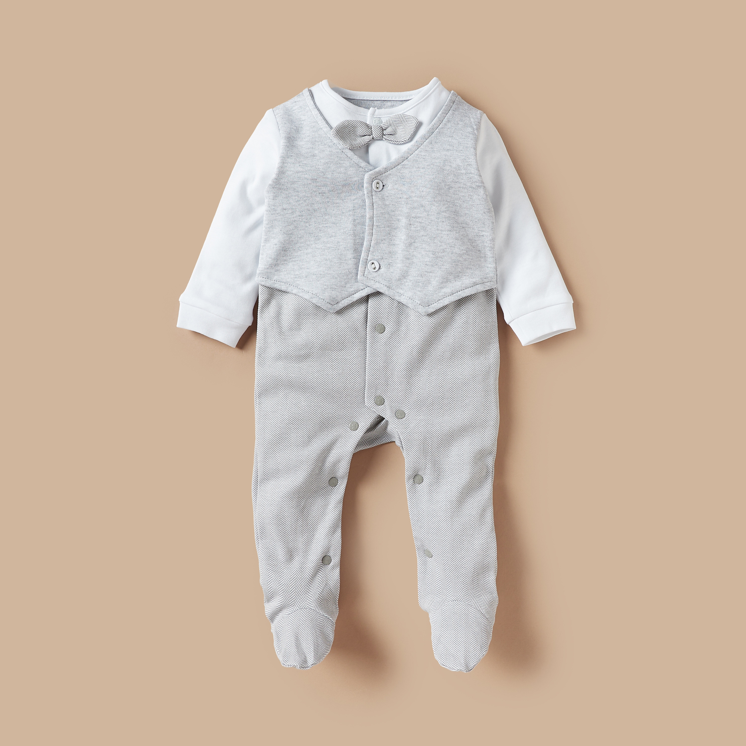 Giggles Textured Sleepsuit with Bow Applique Detail and Waistcoat Overlay-baby-boys-clothing-nightwear-sleepsuits-image-1