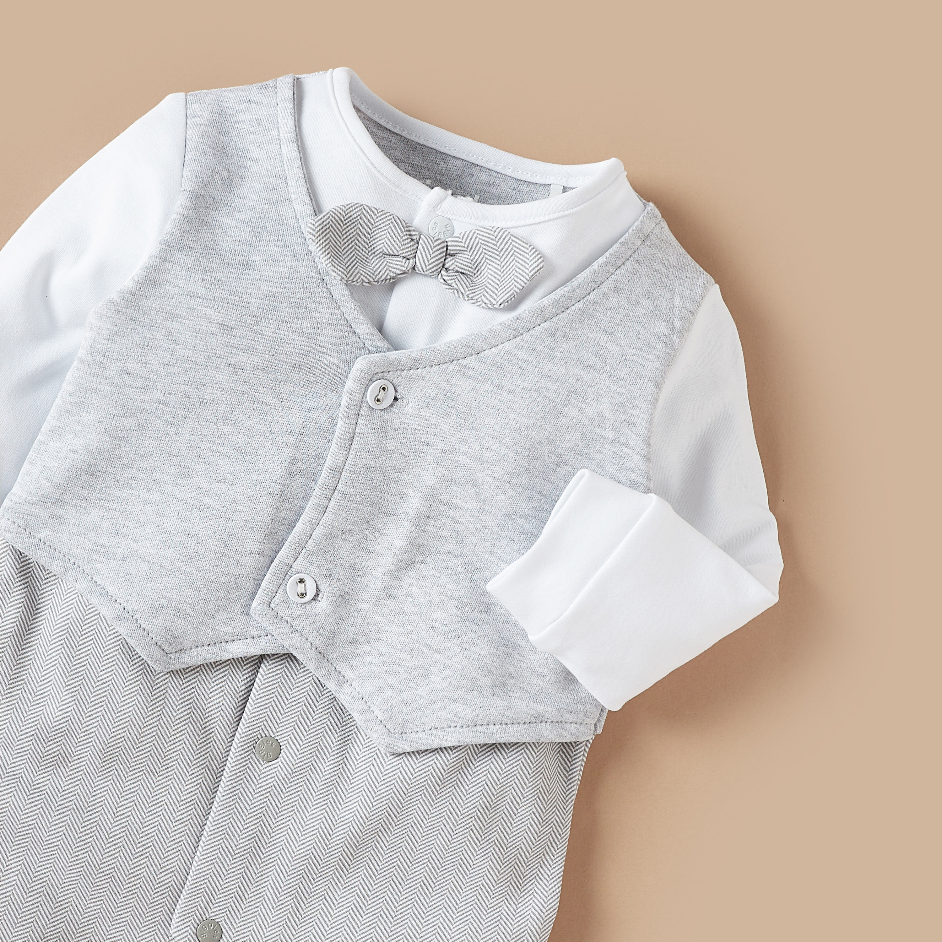 Giggles Textured Sleepsuit with Bow Applique Detail and Waistcoat Overlay-baby-boys-clothing-nightwear-sleepsuits-image-2