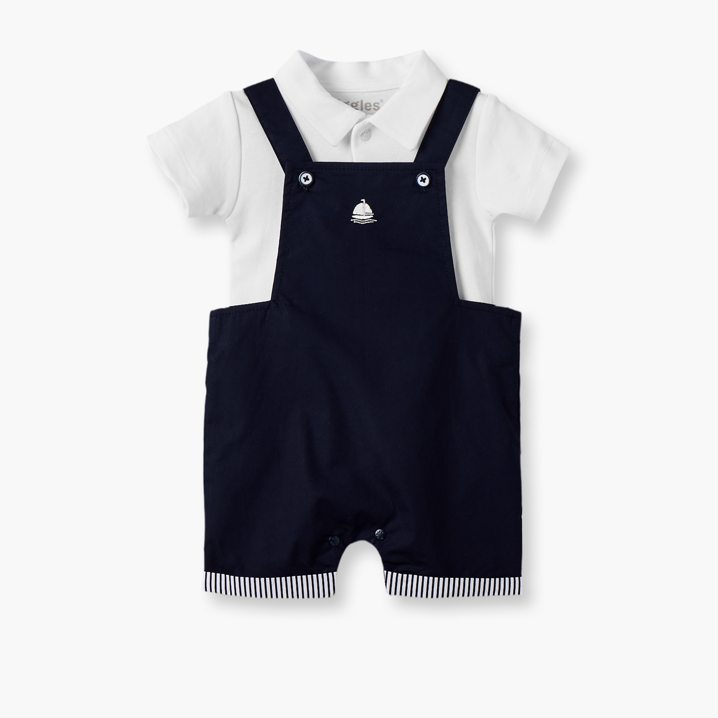 Giggles Collared Short Sleeves T-shirt and Dungaree Set with Sailboat Embroidery-baby-boys-clothing-setsandcoords-image-1