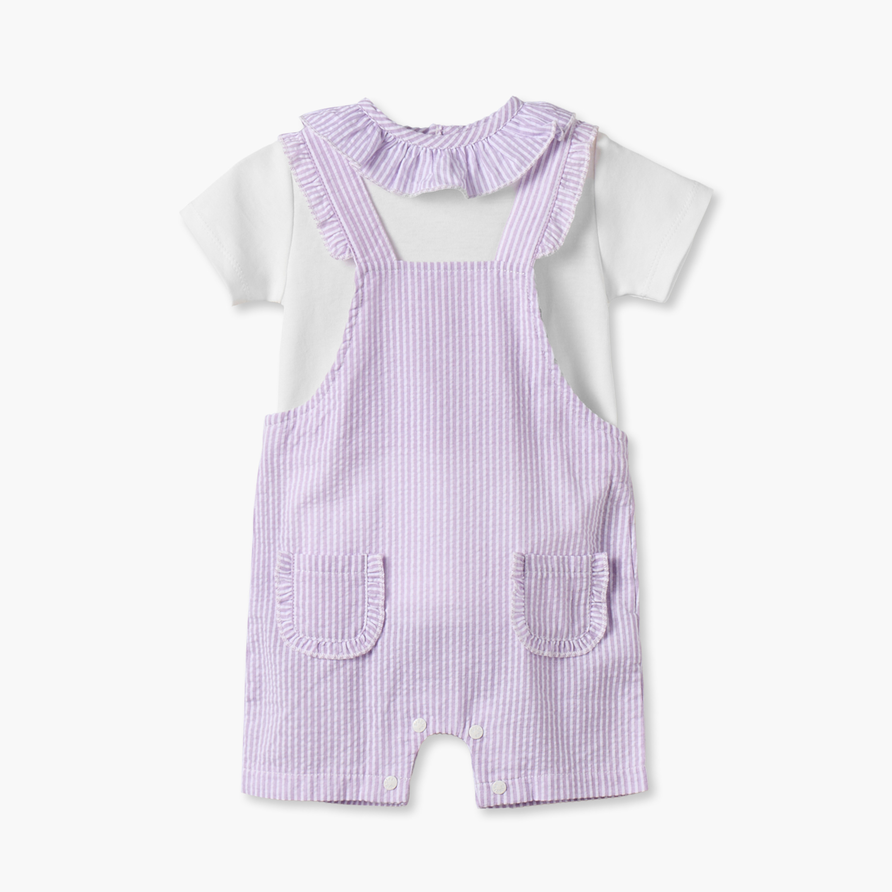 طقم بلوزة بأكمام قصيرة وياقة ضيقة مع دنغري مخطط من جيجلز-baby-girls-clothing-setsandcoords-image-1