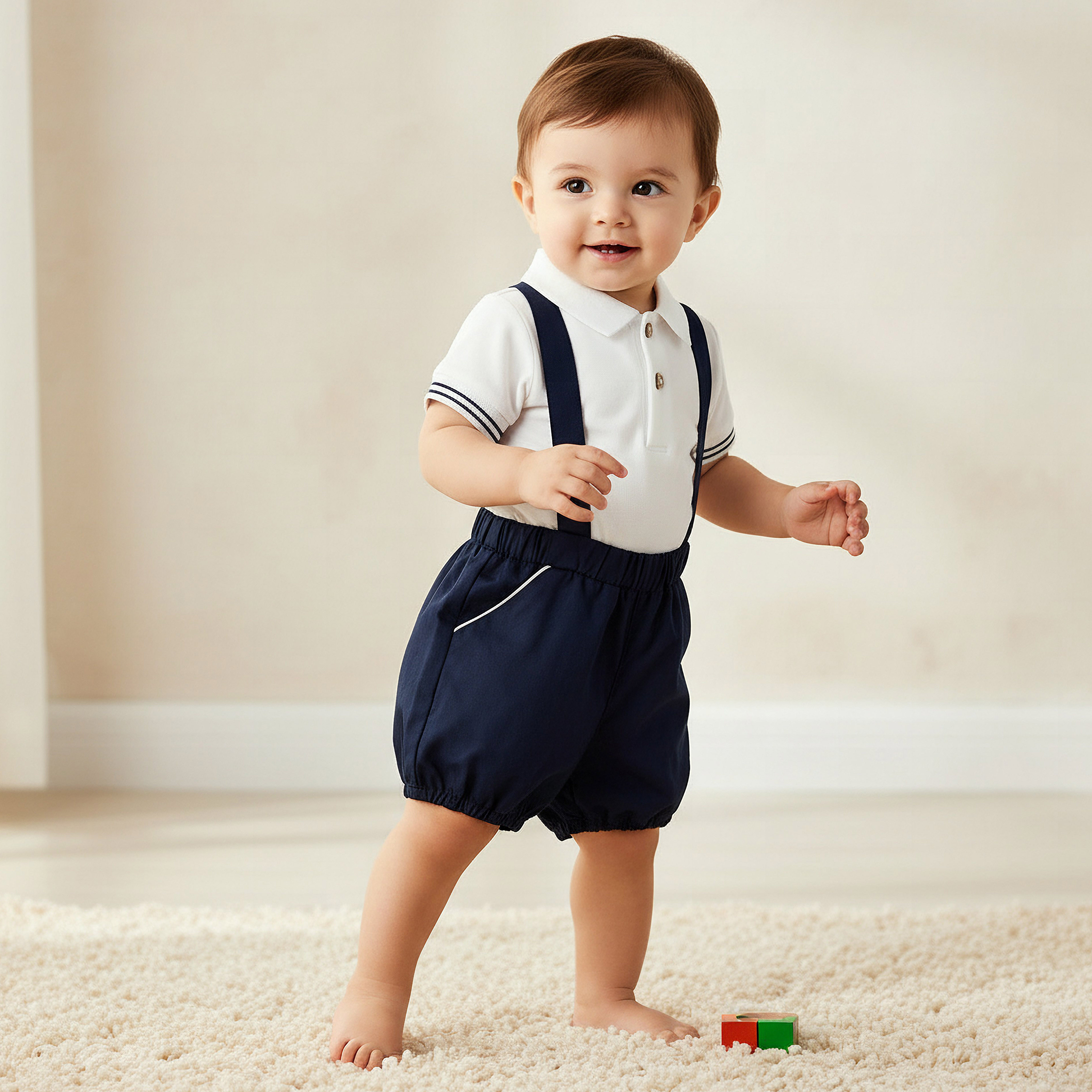Giggles Collared Neck Short Sleeve T-shirt and Dungaree Set with Pockets-baby-boys-clothing-rompers-image-1