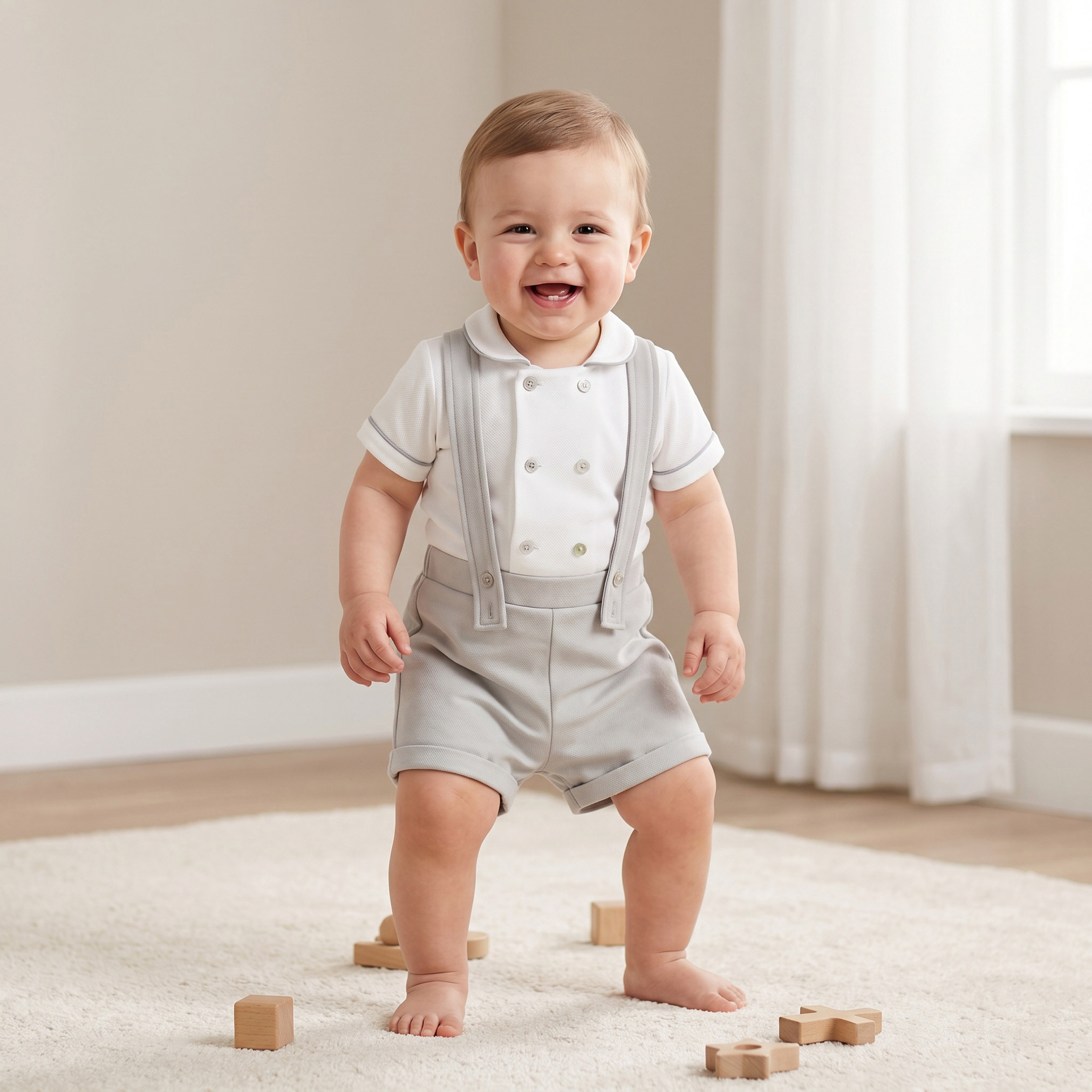Giggles Peter Pan Collar Short Sleeves T-shirt and Dungaree Set with Button Detail-baby-boys-clothing-rompers-image-1