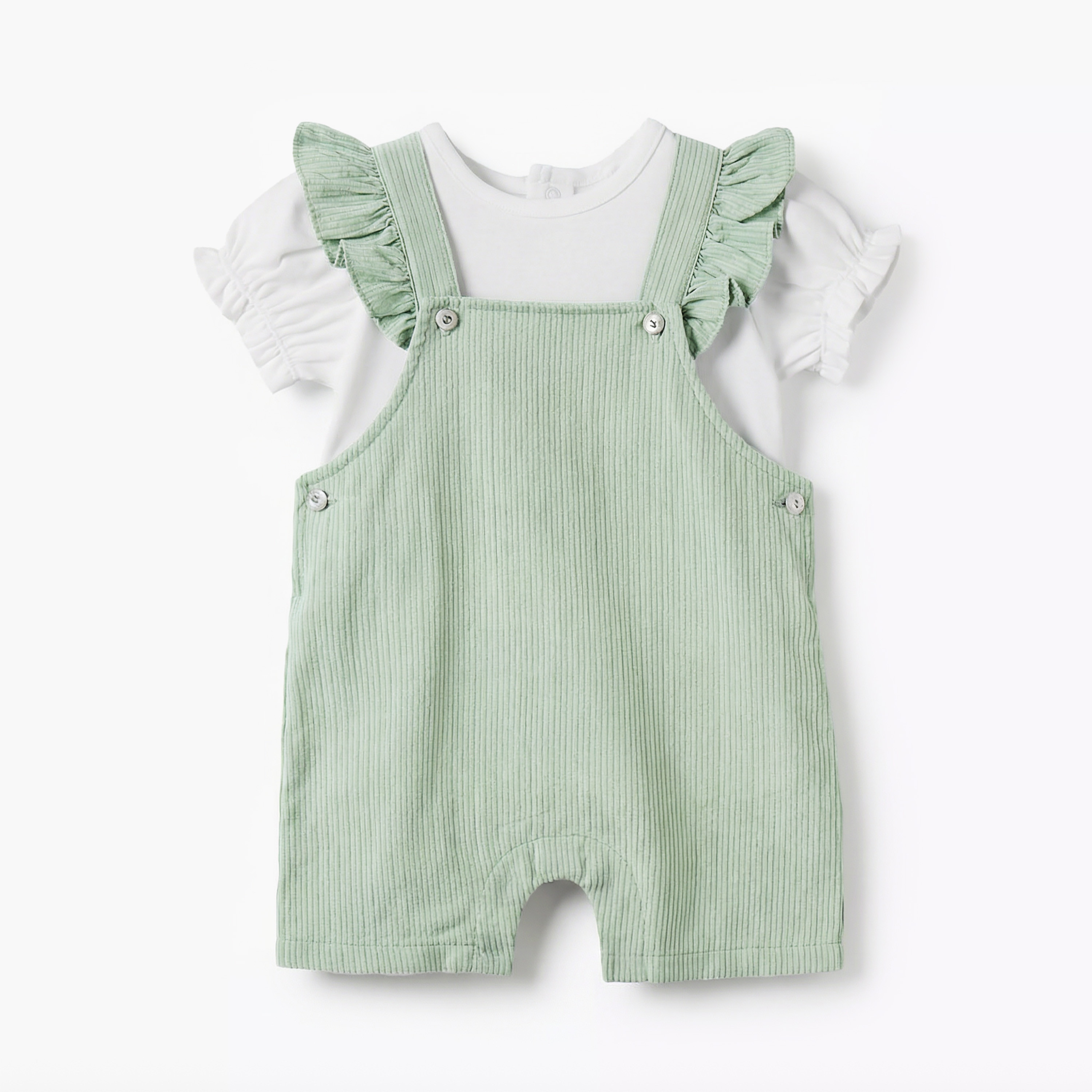 Giggles Crew Neck Short Sleeves T-shirt and Dungaree Set with Ruffle Detail-baby-girls-clothing-rompers-image-2