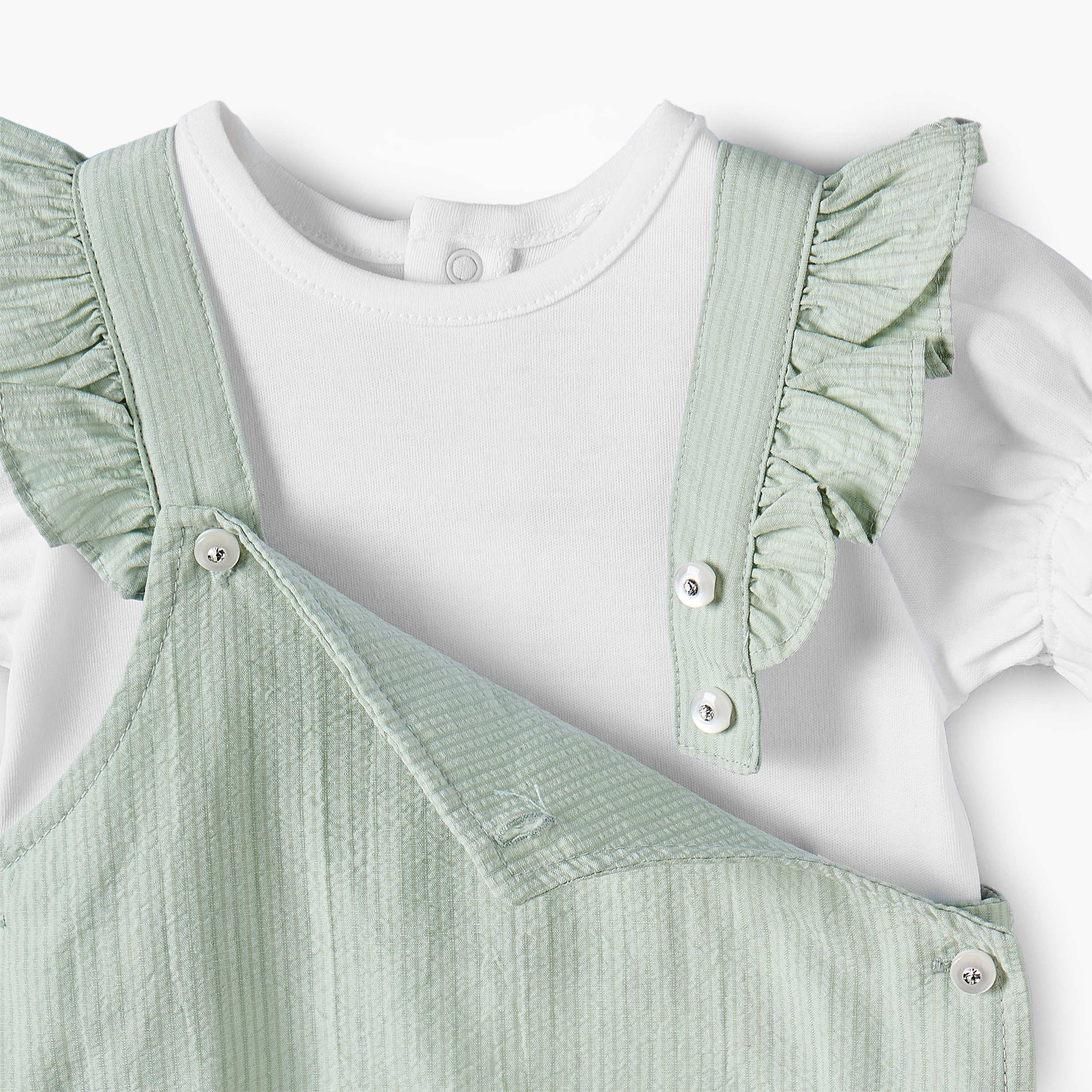 Giggles Crew Neck Short Sleeves T-shirt and Dungaree Set with Ruffle Detail-baby-girls-clothing-rompers-image-5