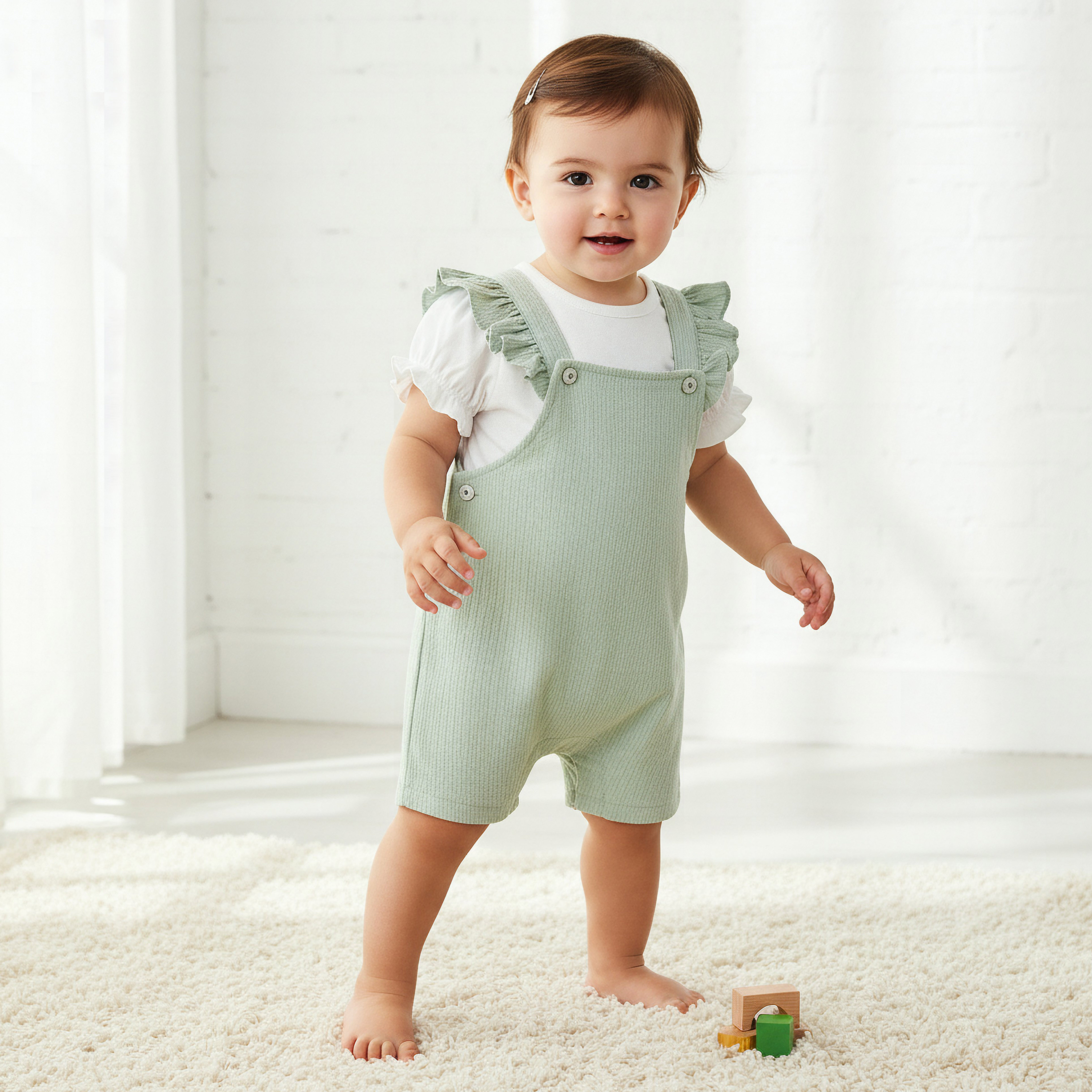 Giggles Crew Neck Short Sleeves T-shirt and Dungaree Set with Ruffle Detail-baby-girls-clothing-rompers-image-1
