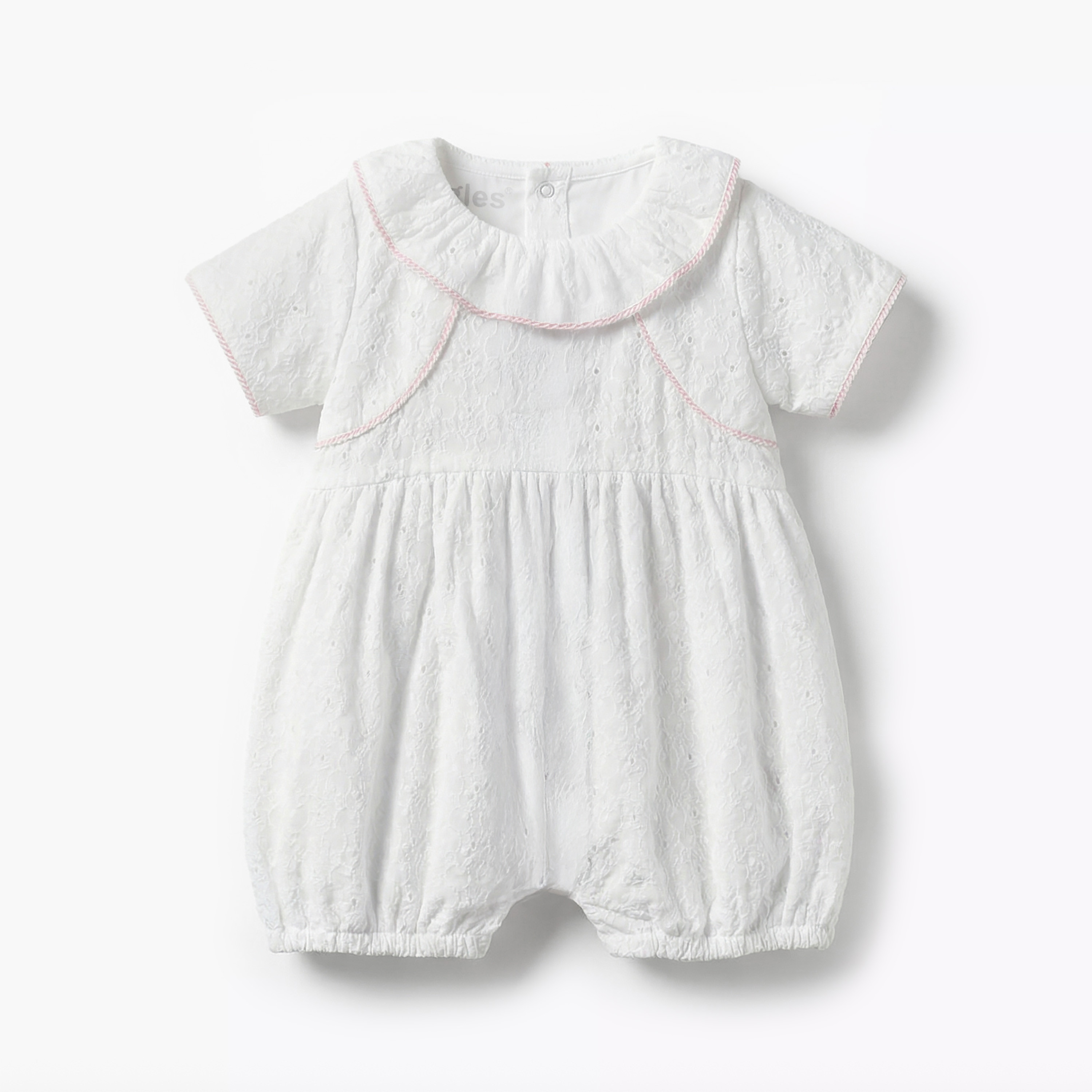 Giggles Ruffle Collar Short Sleeves Romper with Embroidery Detail-baby-girls-clothing-rompers-image-1