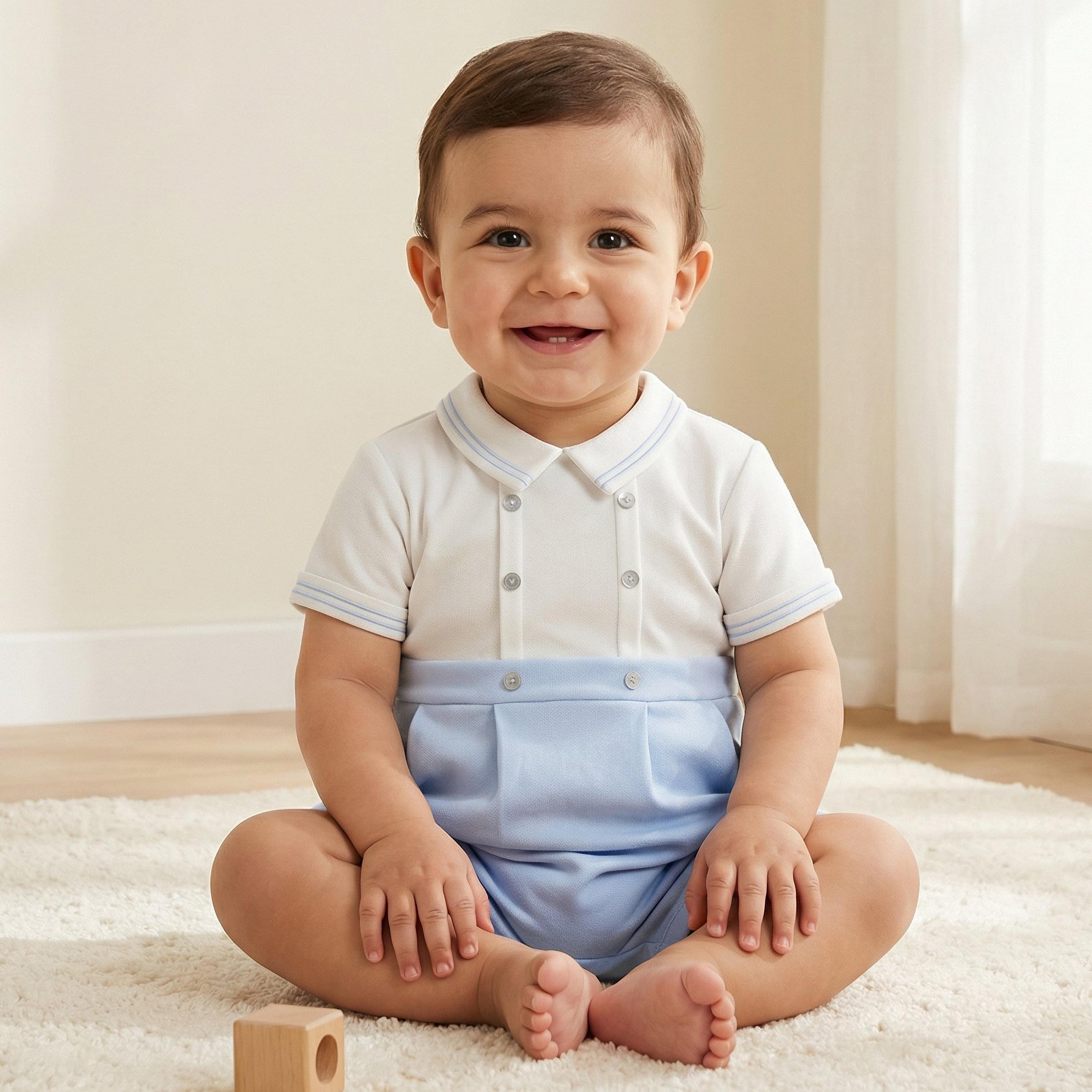 Giggles Peter Pan Collar Short Sleeves Romper with Button Detail-baby-boys-clothing-rompers-image-1