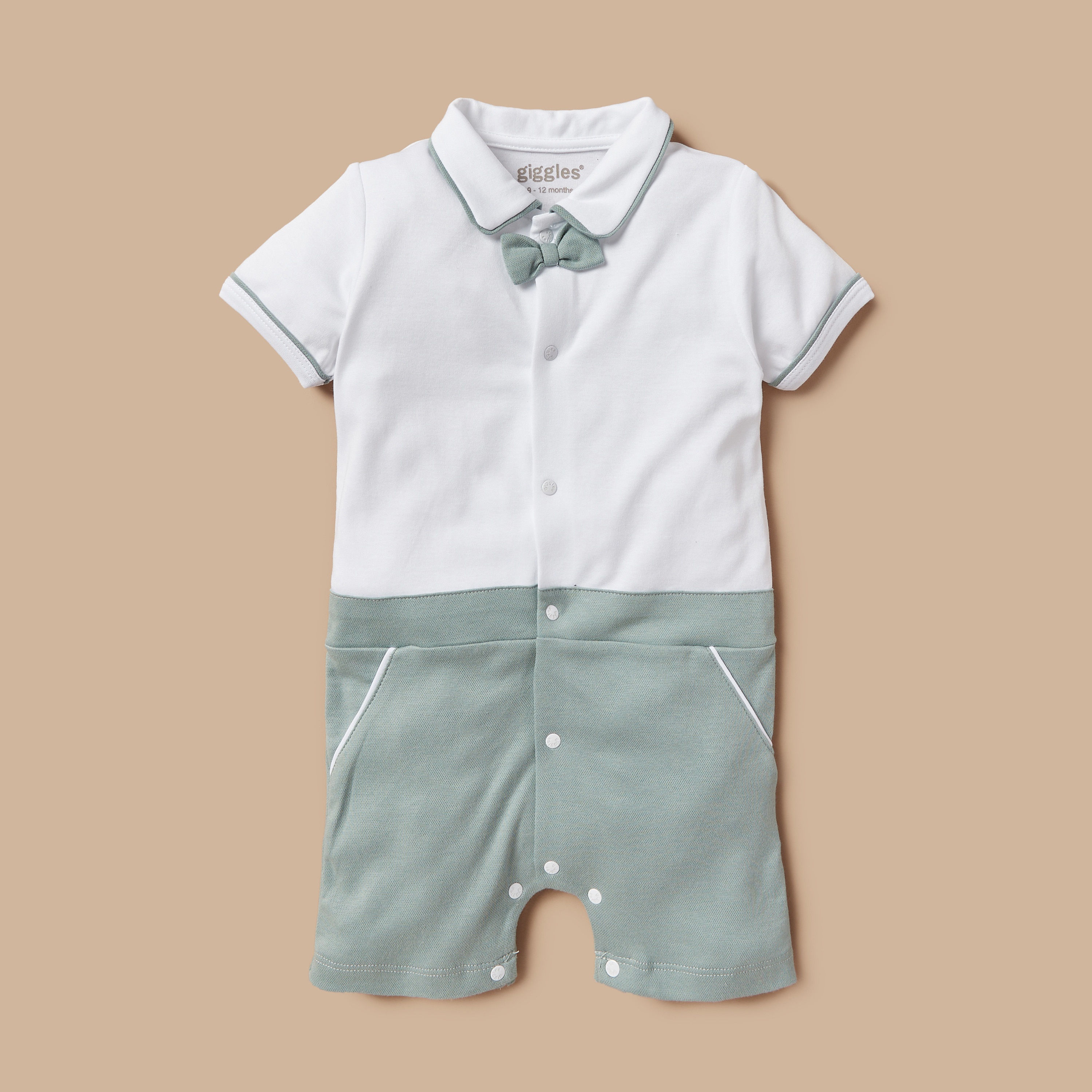 Giggles Textured Romper with Collar and Bow Applique Detail-baby-boys-clothing-rompers-image-1