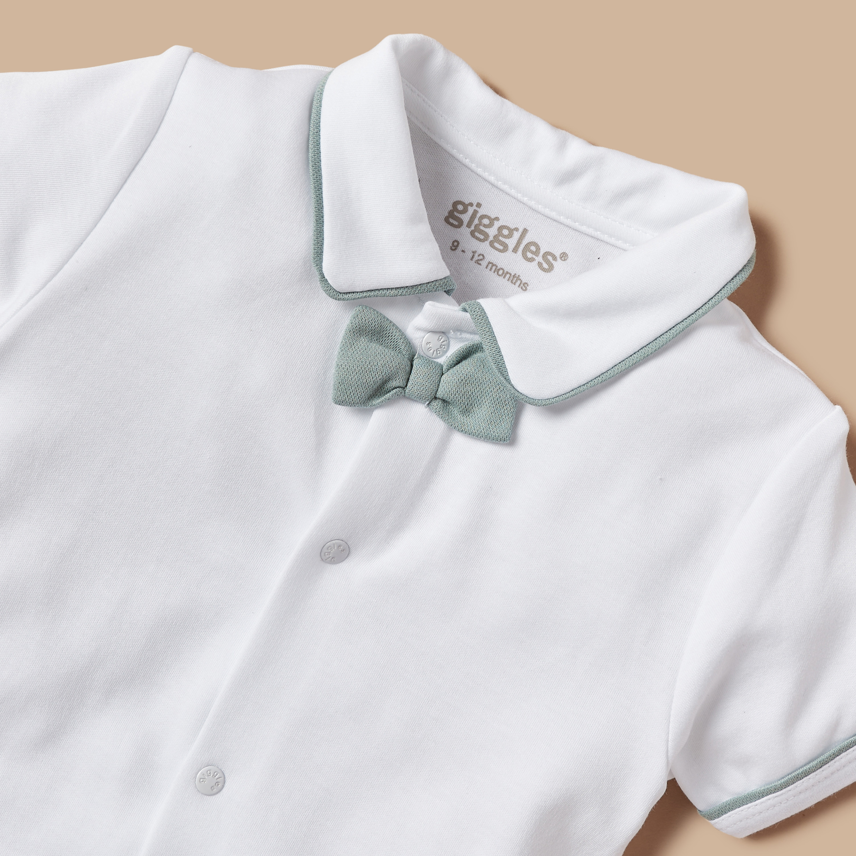Giggles Textured Romper with Collar and Bow Applique Detail-baby-boys-clothing-rompers-image-2