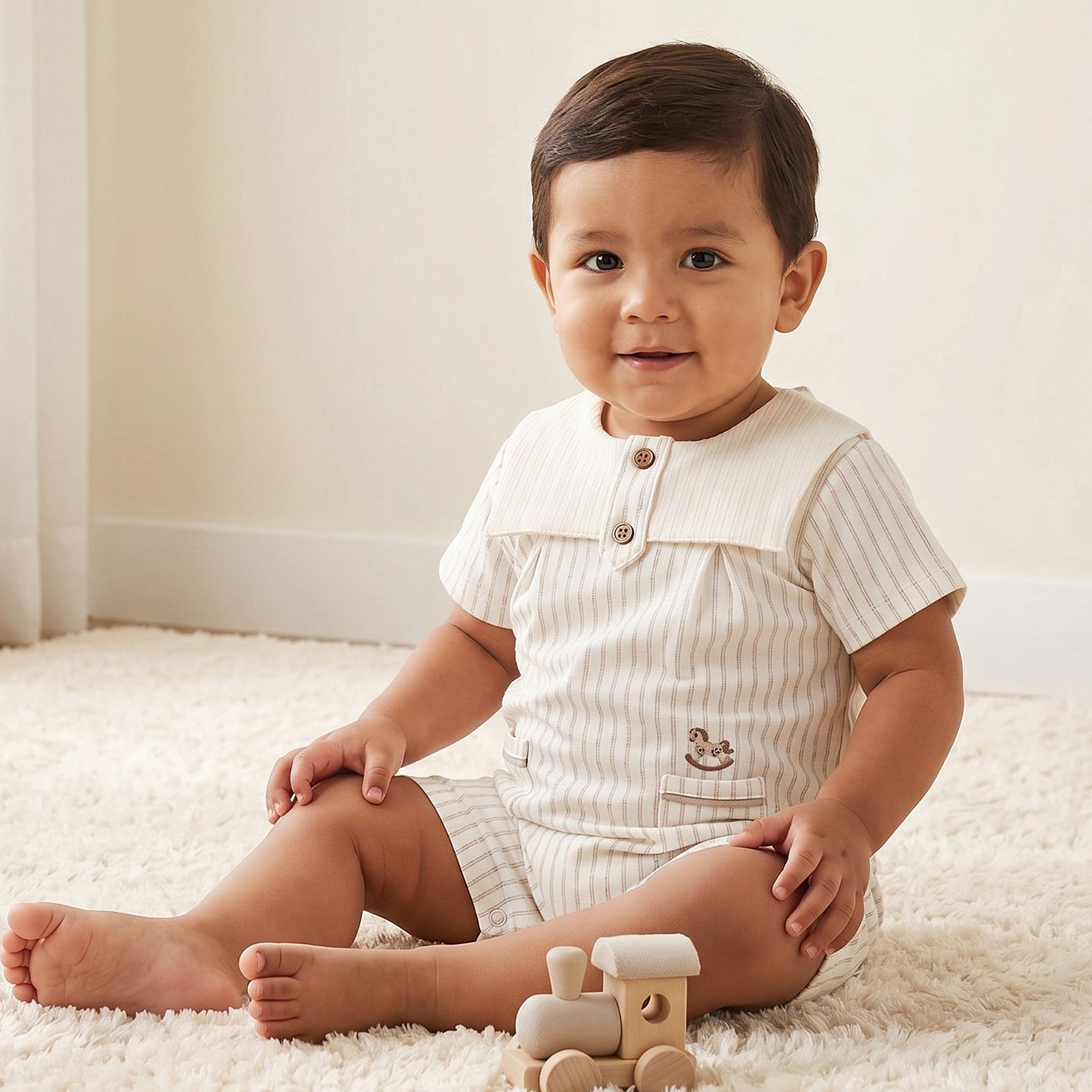 Giggles Collared Short Sleeves Romper with Striped Design-baby-boys-clothing-rompers-image-1