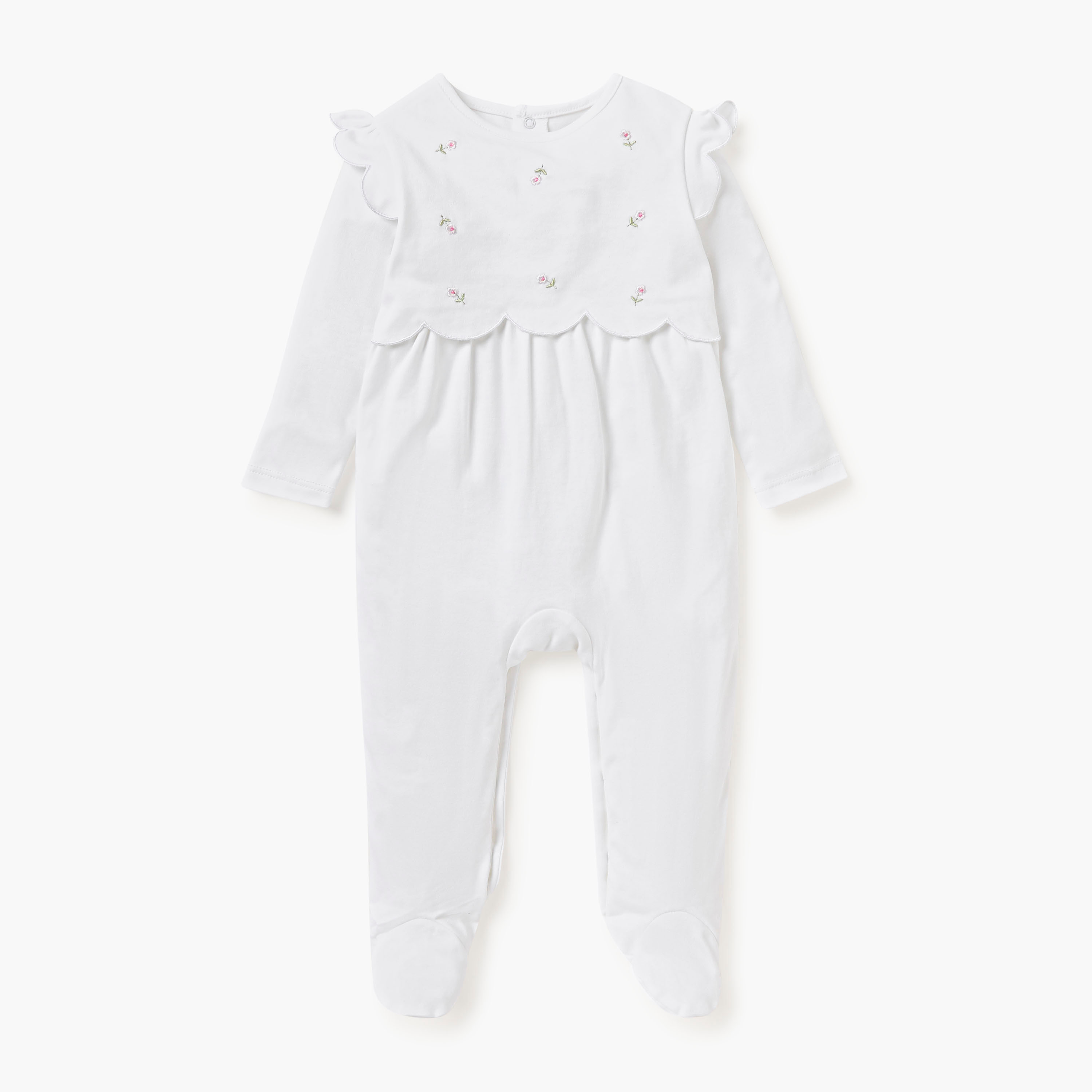 Giggles Flower Embroidered Closed Feet Sleepsuit with Button Closure-baby-girls-clothing-nightwear-sleepsuits-image-1