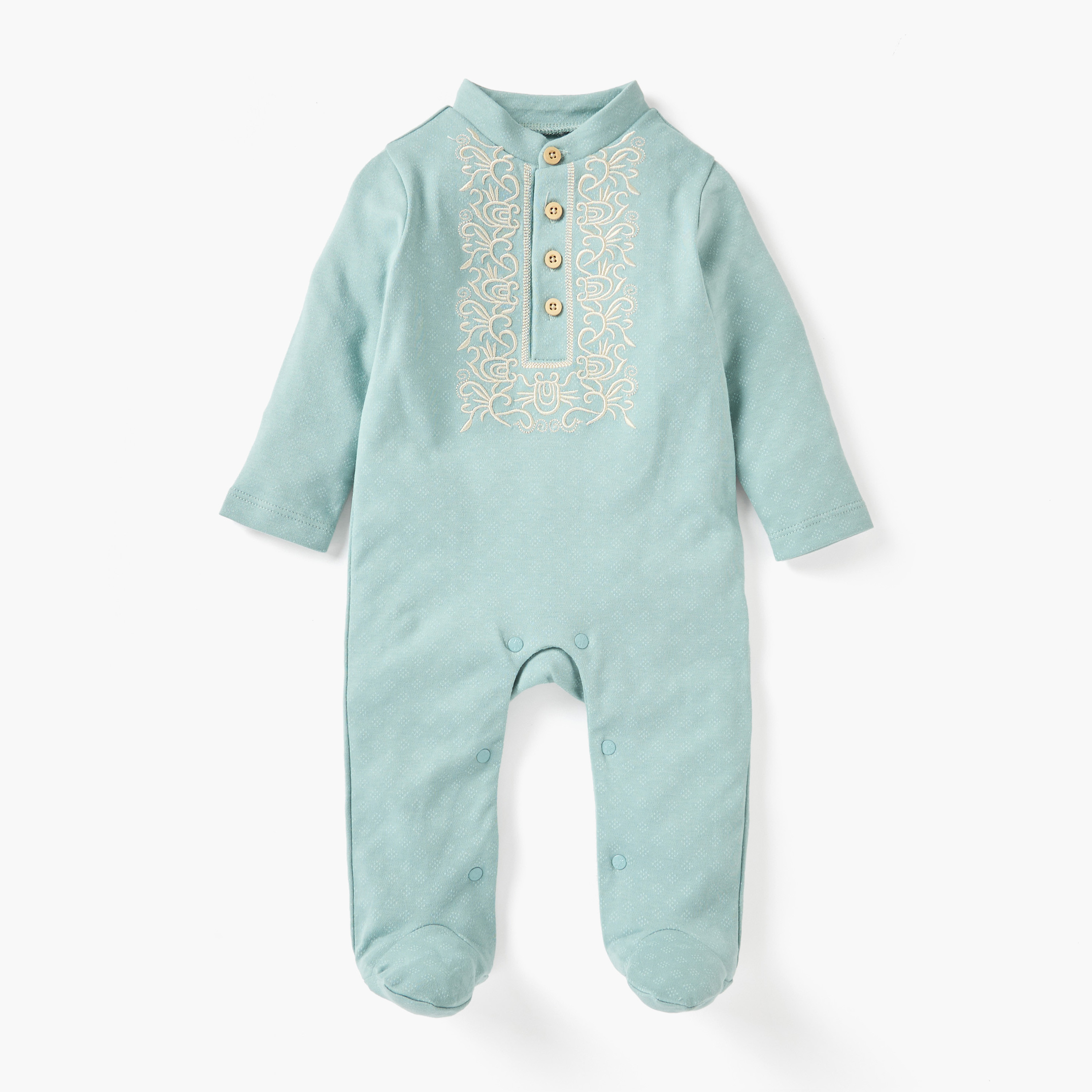 Giggles Embroidered Closed Feet Sleepsuit with Long Sleeves-baby-girls-clothing-nightwear-sleepsuits-image-1