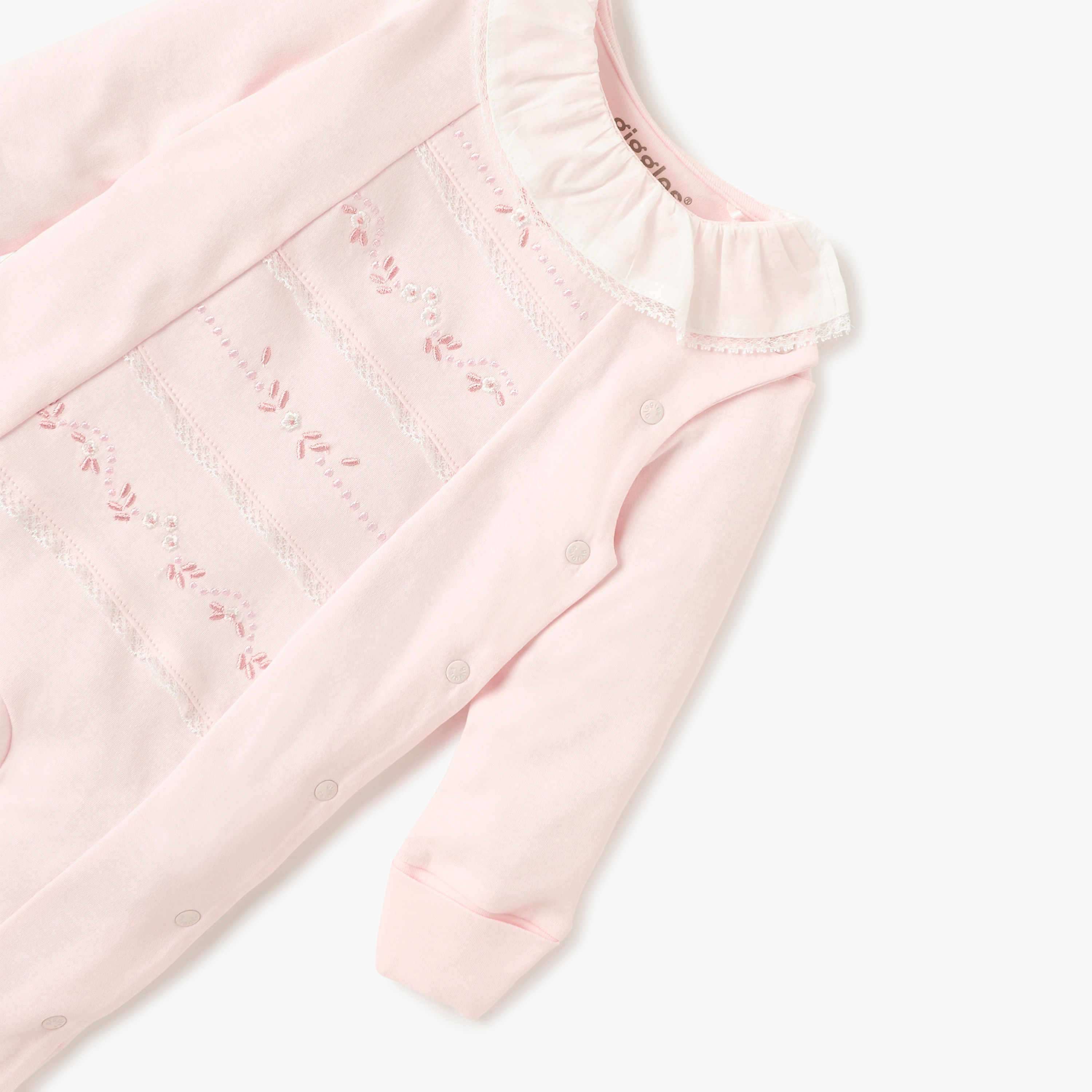 Giggles Embroidered Closed Feet Sleepsuit with Button Closure-baby-girls-clothing-nightwear-sleepsuits-image-3