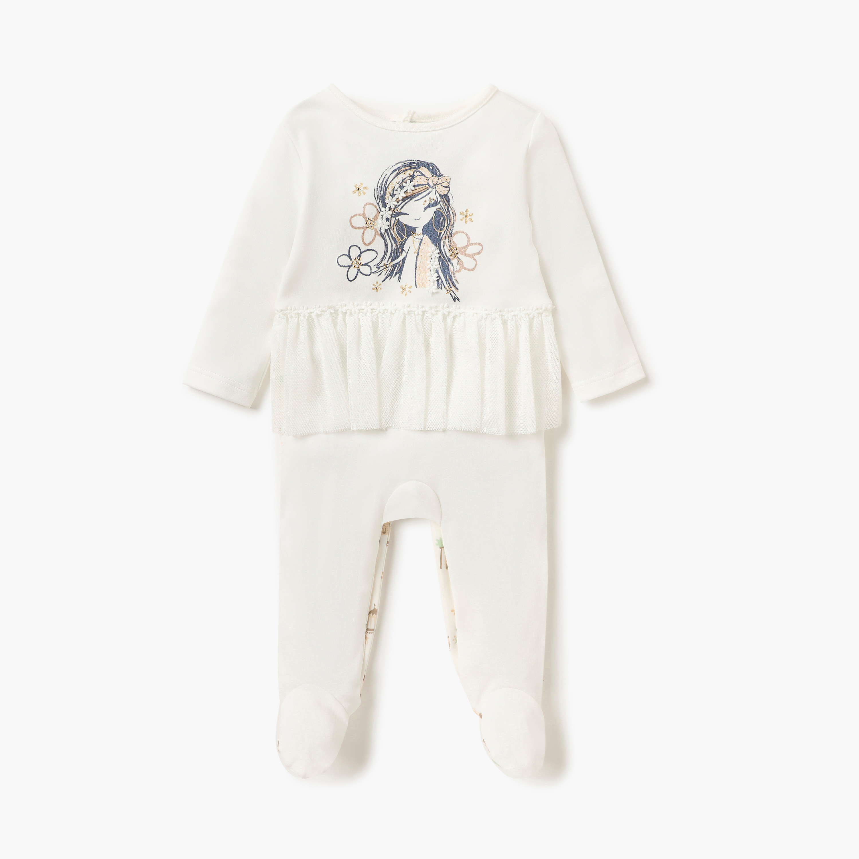 Juniors Printed Closed Feet Sleepsuit with Button Closure and Long Sleeves-baby-girls-clothing-nightwear-sleepsuits-image-1