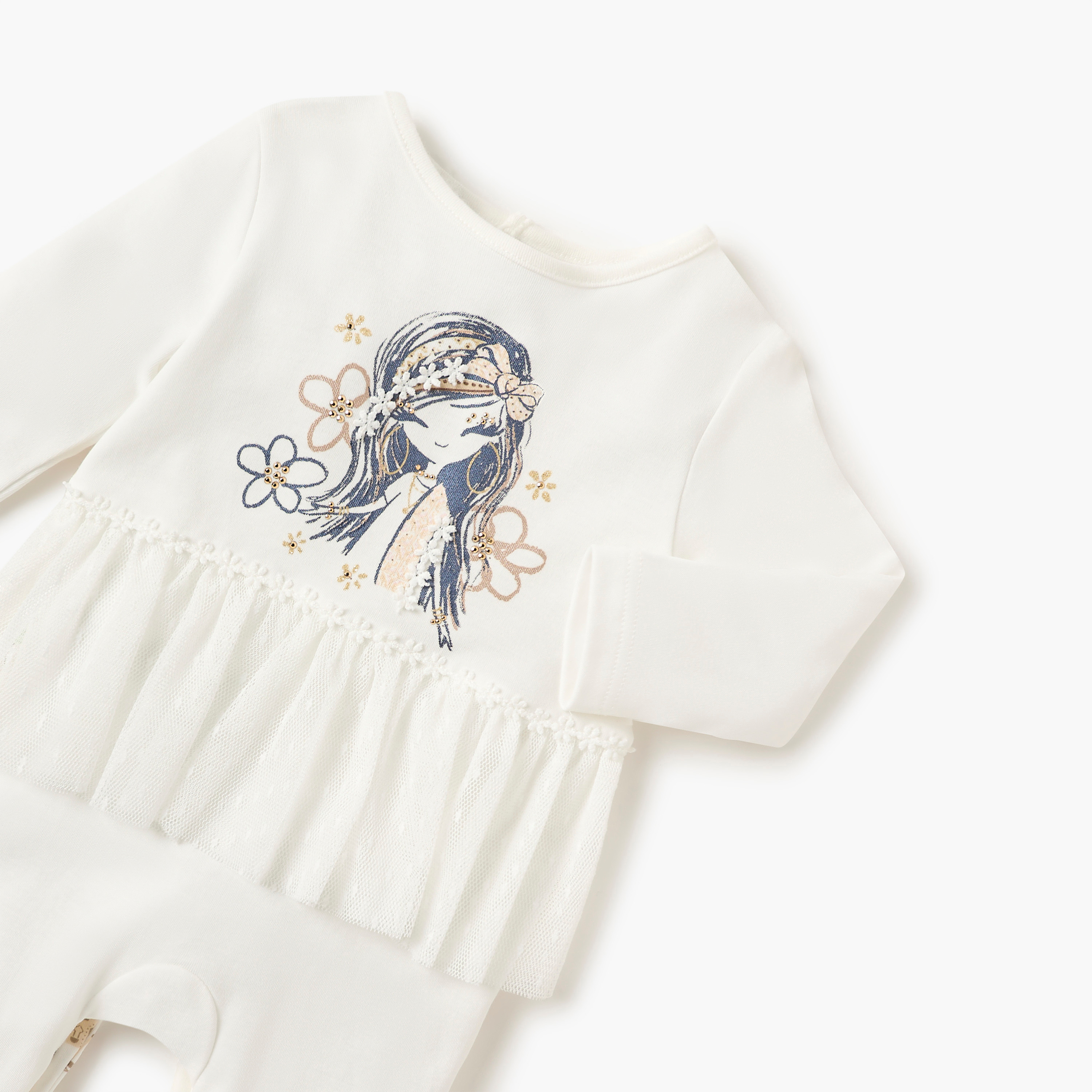 Juniors Printed Closed Feet Sleepsuit with Button Closure and Long Sleeves-baby-girls-clothing-nightwear-sleepsuits-image-3