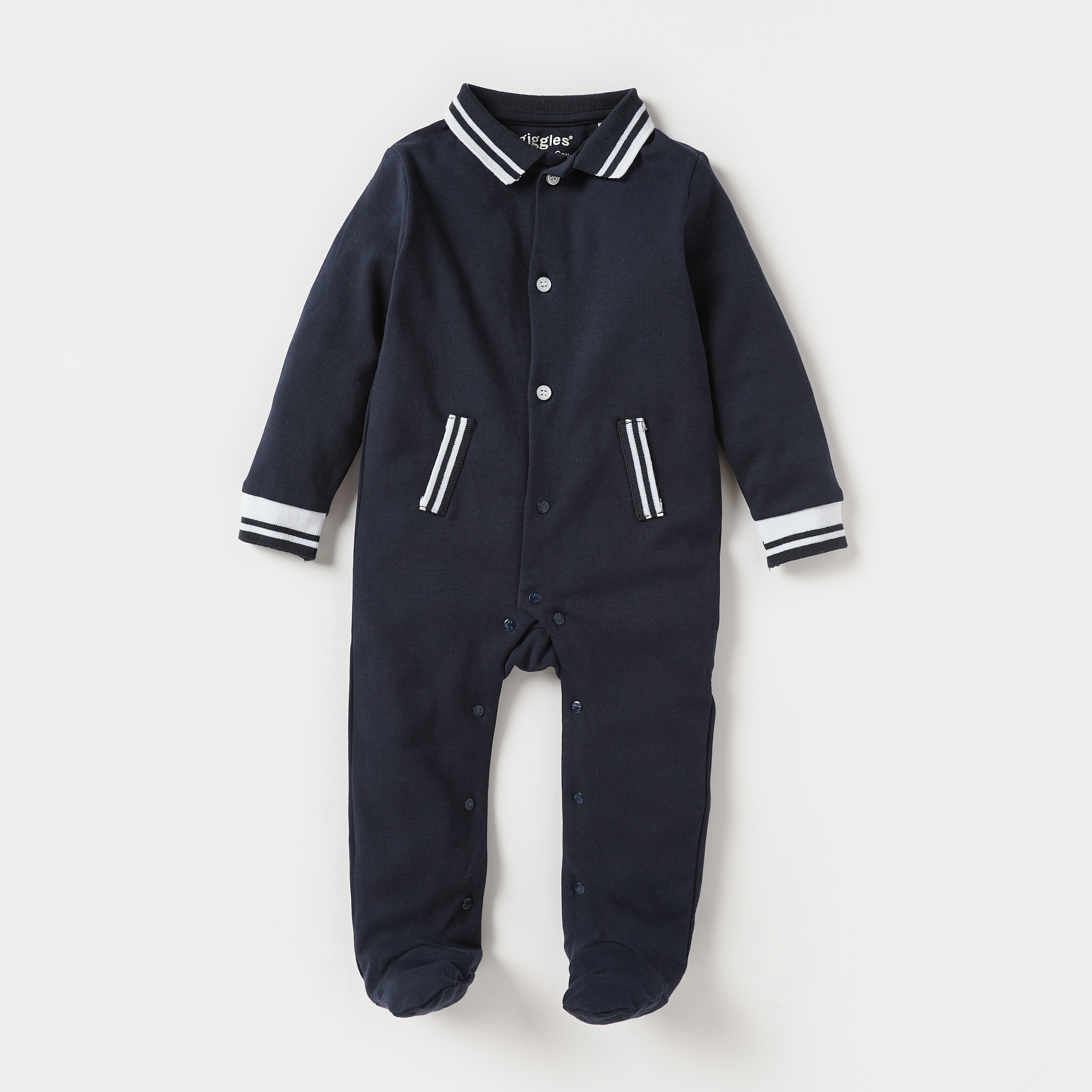 Giggles Solid Sleepsuit with Striped Collar and Cuffs-baby-boys-clothing-nightwear-sleepsuits-image-1