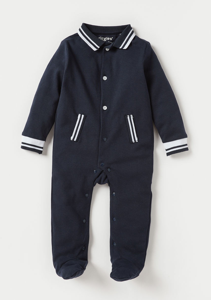 Giggles Solid Sleepsuit with Striped Collar and Cuffs-Sleepsuits-image-0