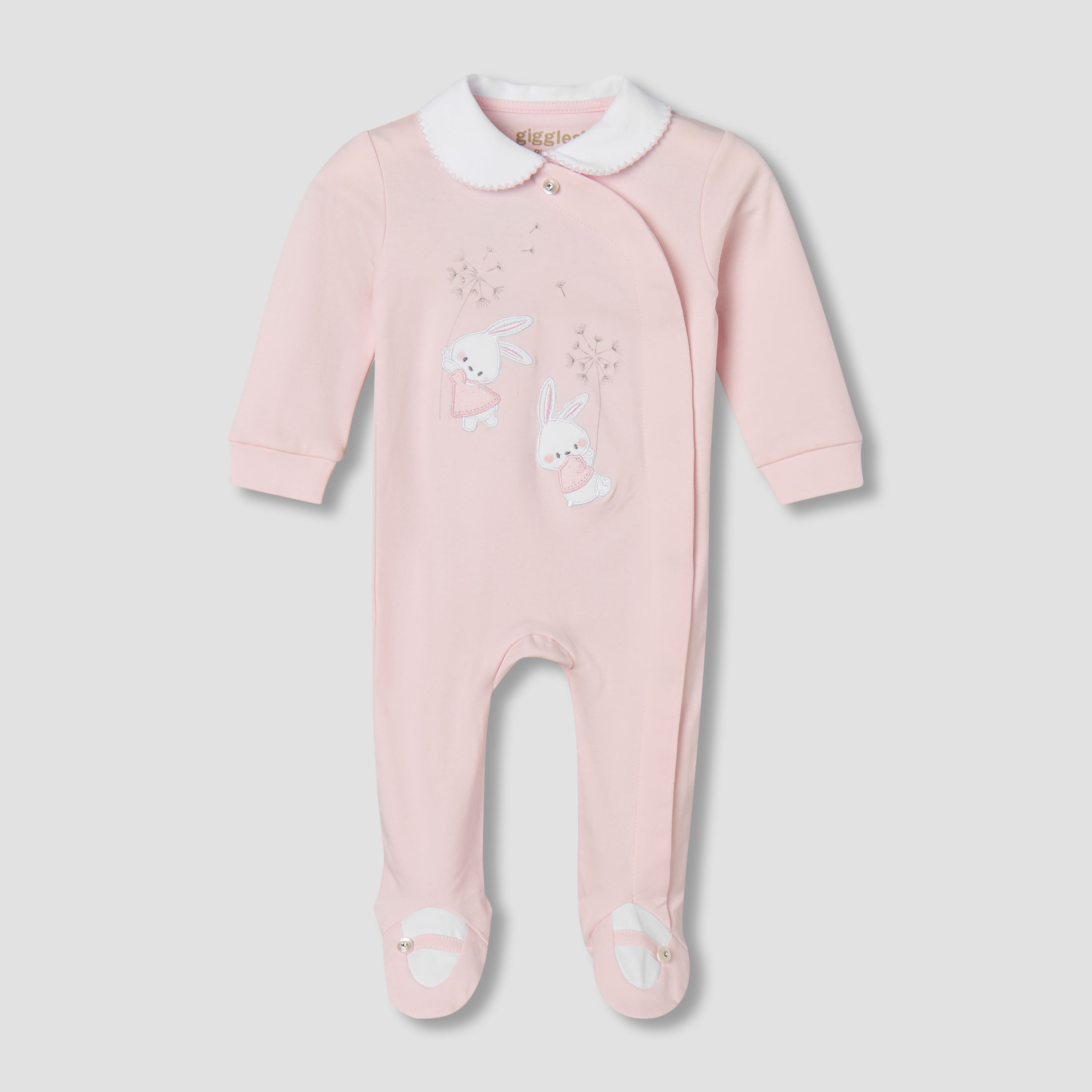 Giggles Supima Cotton Peter Pan Collar Long Sleeves Sleepsuit with Bunny Embroidery-baby-girls-clothing-nightwear-sleepsuits-image-1