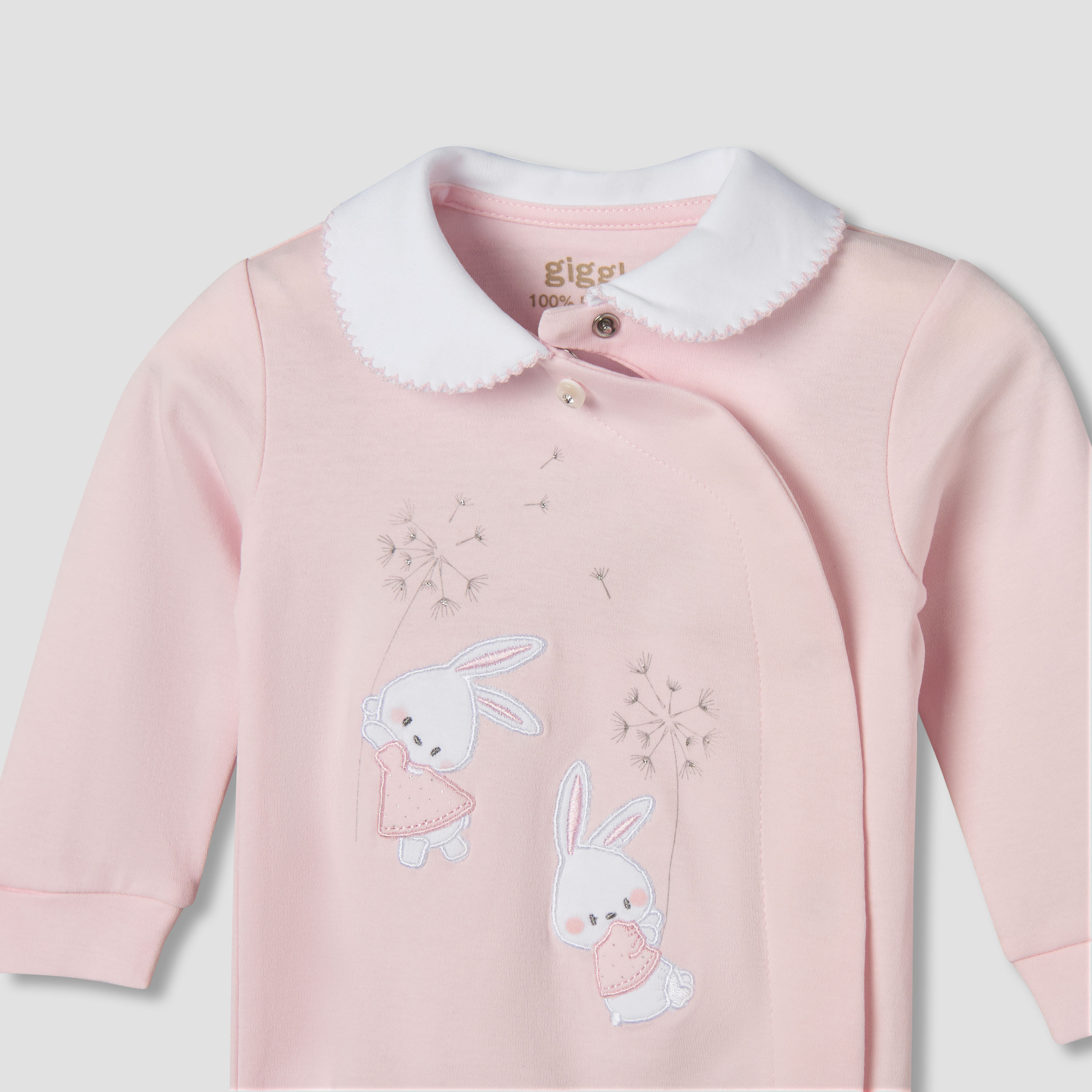 Giggles Supima Cotton Peter Pan Collar Long Sleeves Sleepsuit with Bunny Embroidery-baby-girls-clothing-nightwear-sleepsuits-image-3