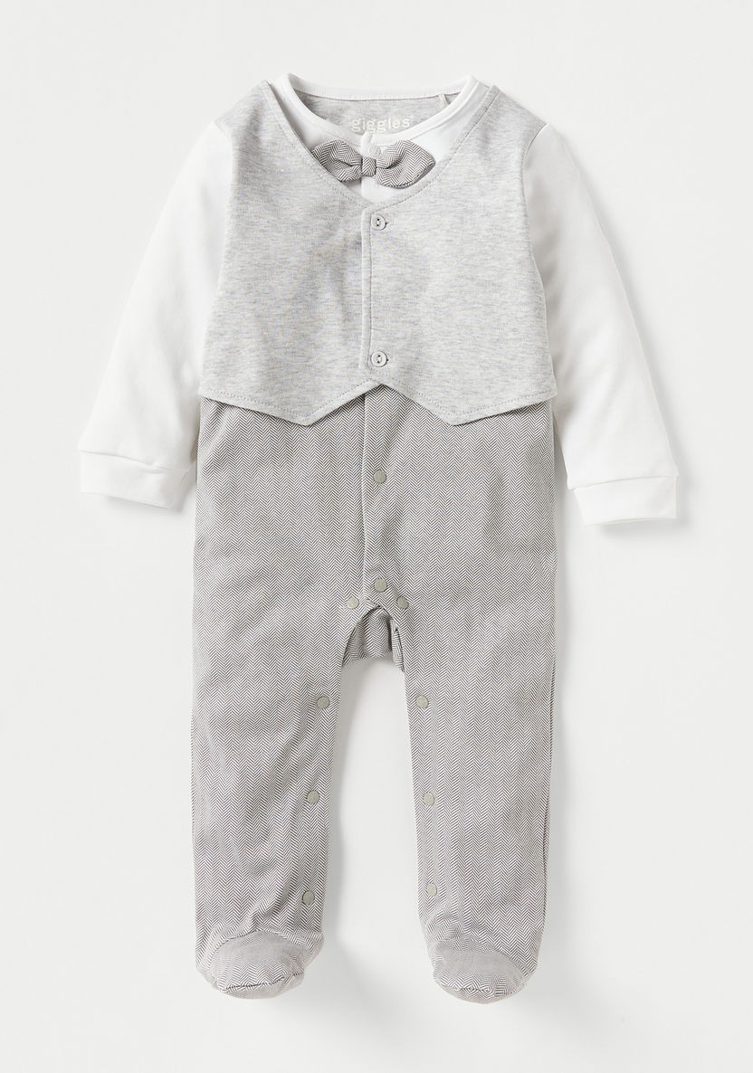 Giggles Textured Coverall with Bow Applique Detail and Long Sleeves-Sleepsuits-image-0