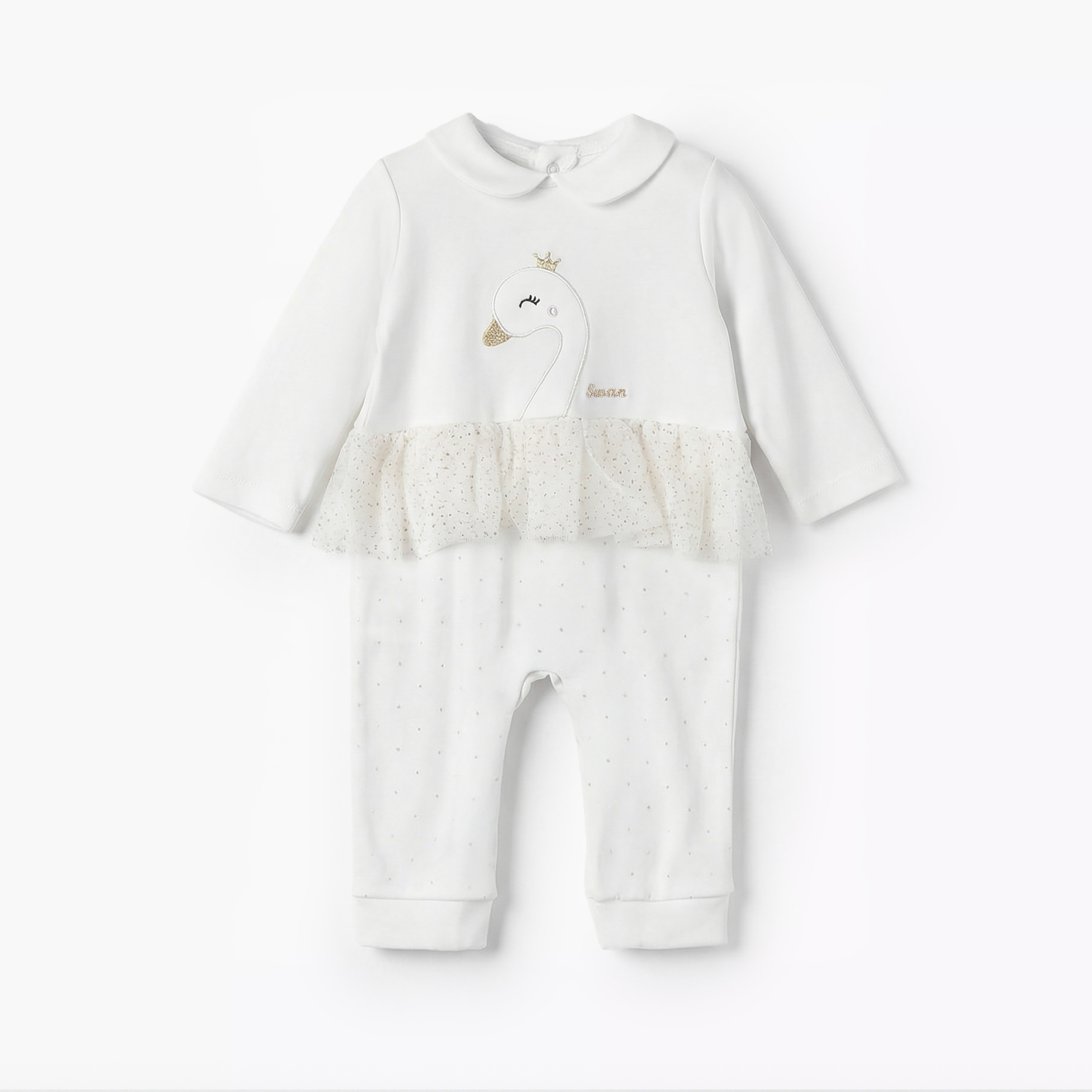 Giggles Cotton Peter Pan Collar Long Sleeves Sleepsuit with Swan Embroidery-baby-girls-clothing-nightwear-sleepsuits-image-1