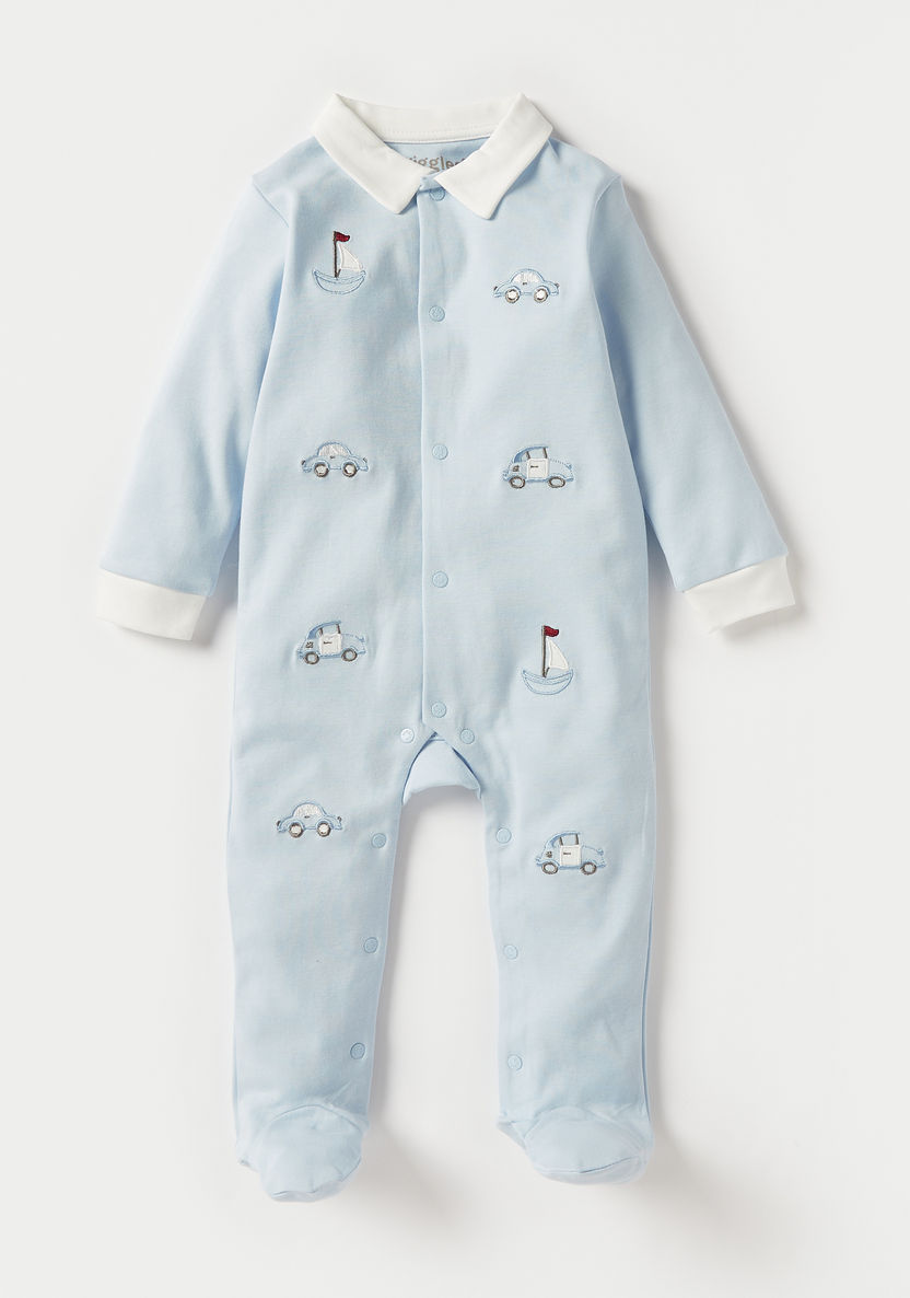 Giggles Embroidered Sleepsuit with Long Sleeves and Collar-Sleepsuits-image-0