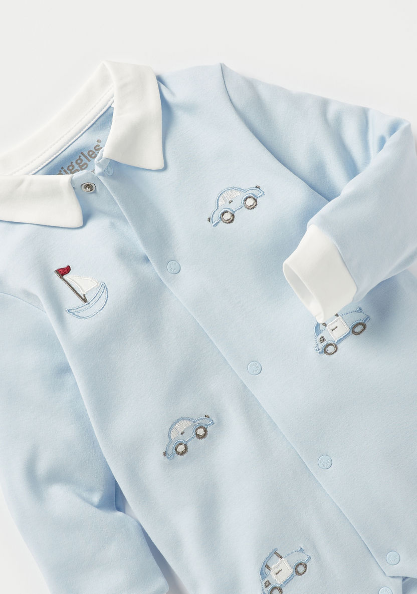 Giggles Embroidered Sleepsuit with Long Sleeves and Collar-Sleepsuits-image-2