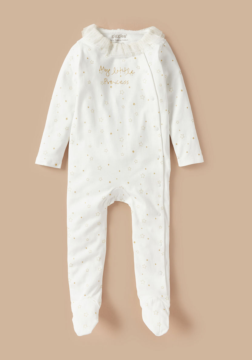 Giggles All-Over Star Print Sleepsuit with Ruffle Collar and Long Sleeves-Sleepsuits-image-0
