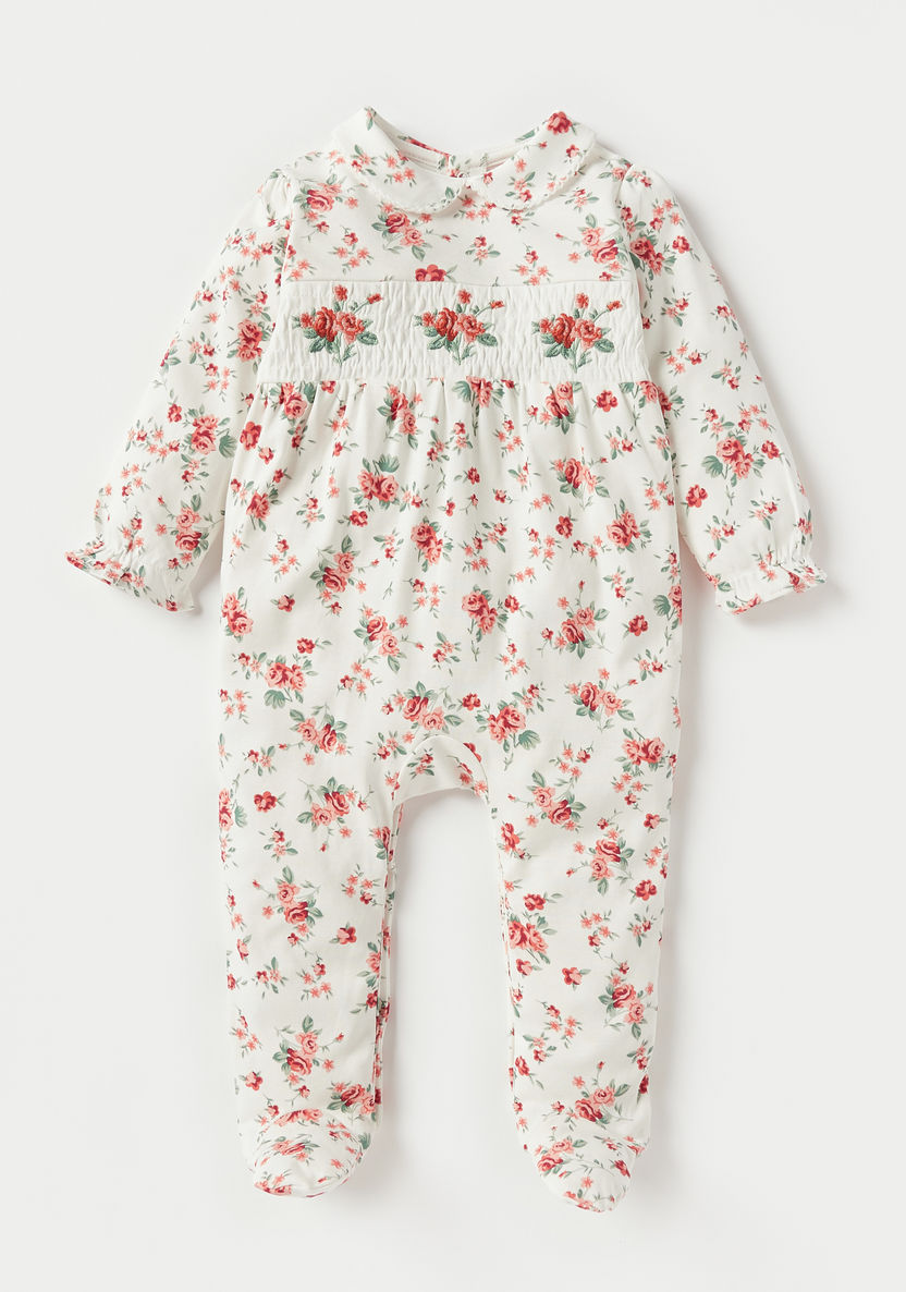 Giggles All-Over Floral Print Sleepsuit with Collar and Long Sleeves-Sleepsuits-image-0