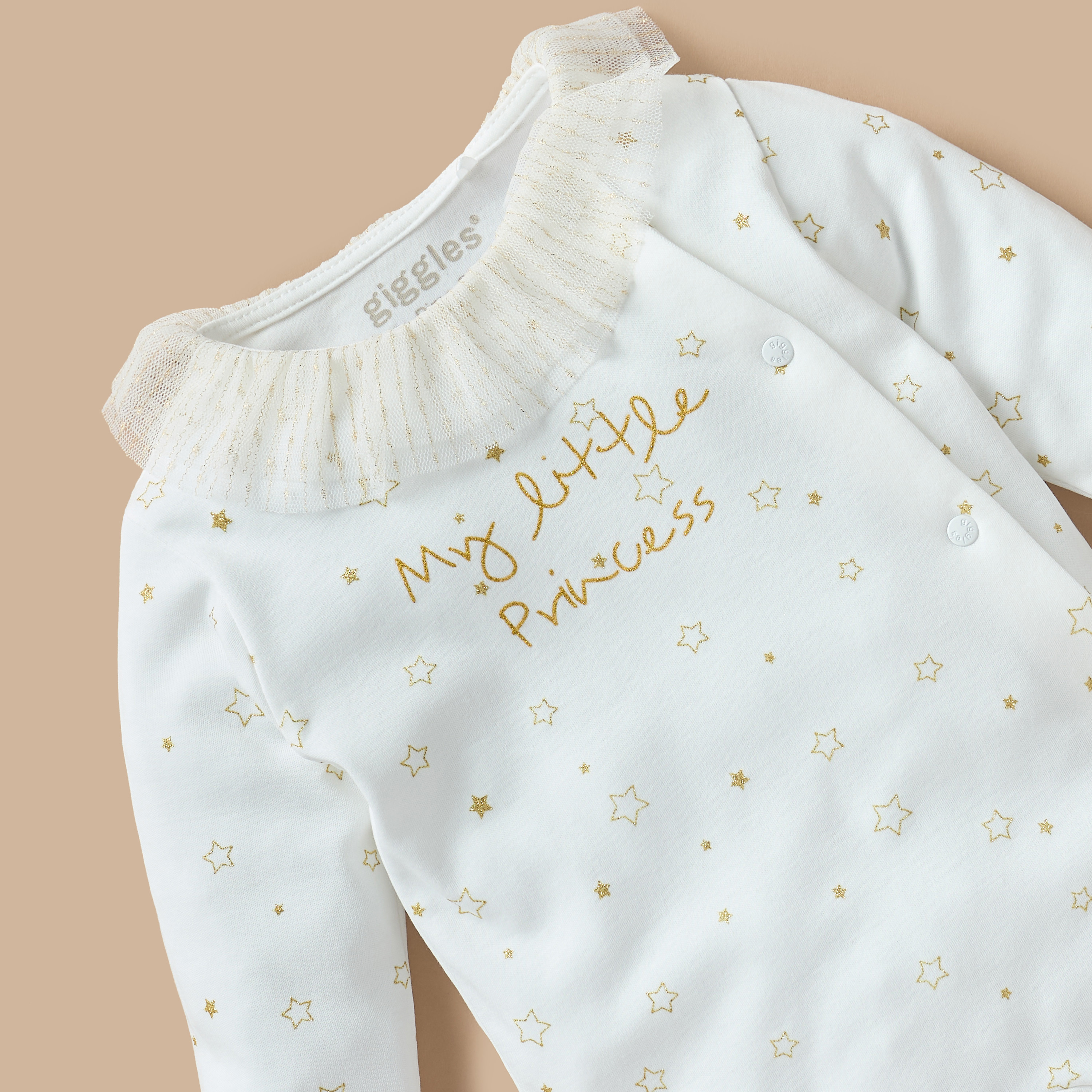 Giggles All-Over Star Print Closed Foot Sleepsuit with Ruffle Detail and Long Sleeves-baby-girls-clothing-nightwear-sleepsuits-image-2