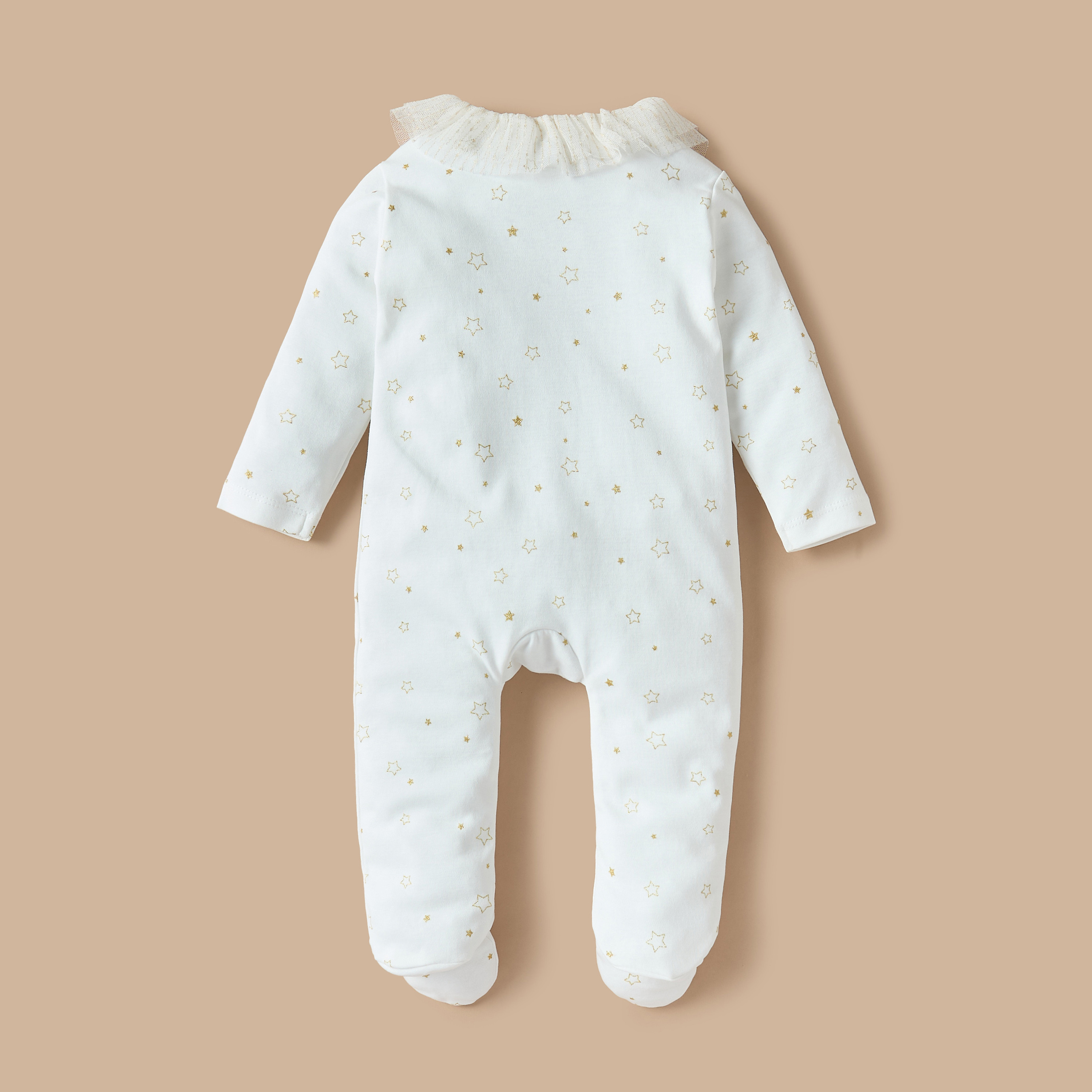Giggles All-Over Star Print Closed Foot Sleepsuit with Ruffle Detail and Long Sleeves-baby-girls-clothing-nightwear-sleepsuits-image-4