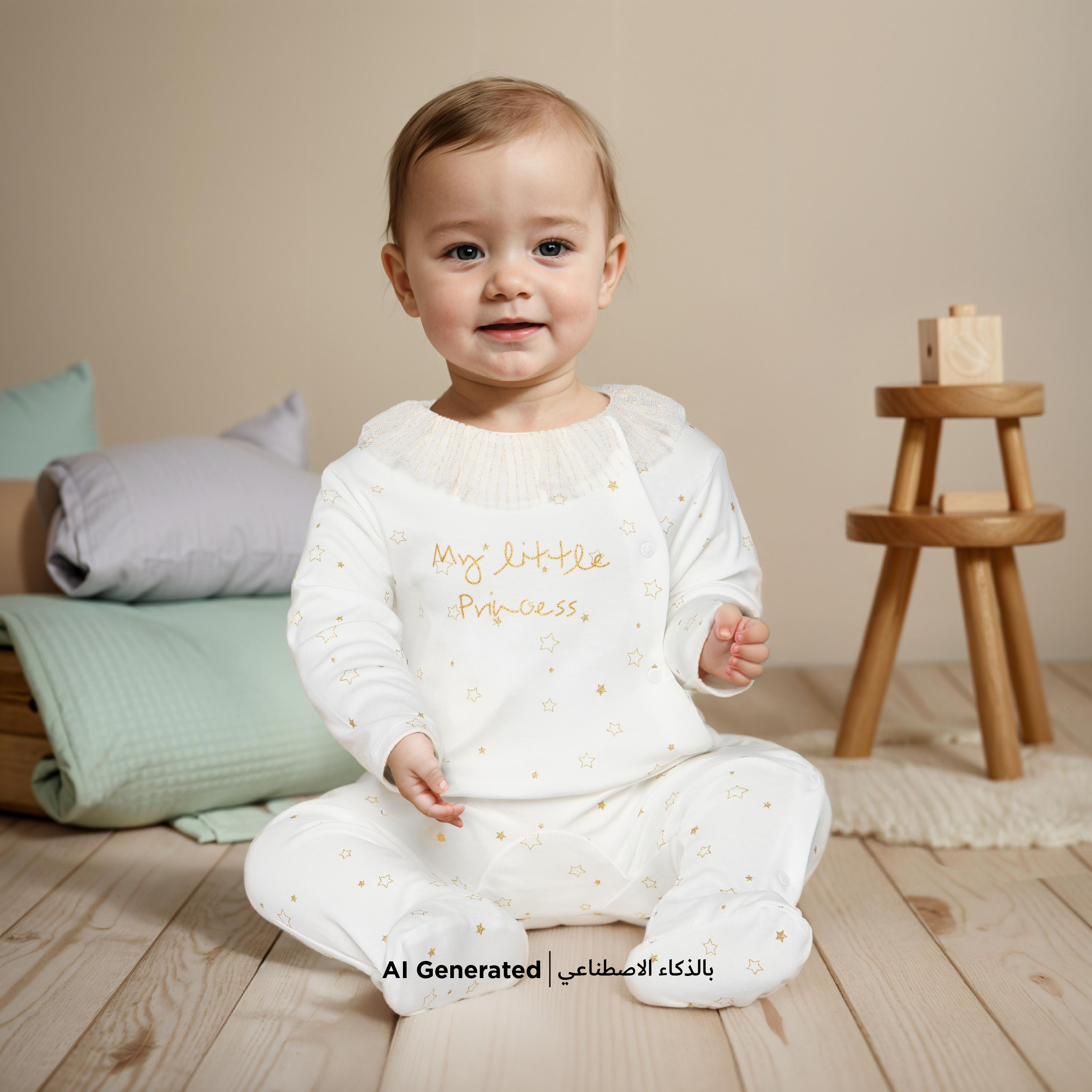 Giggles All-Over Star Print Closed Foot Sleepsuit with Ruffle Detail and Long Sleeves-baby-girls-clothing-nightwear-sleepsuits-image-5