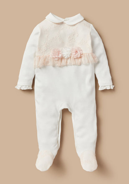 Giggles Lace Textured Sleepsuit with Collar and Flower Applique Detail-Sleepsuits-image-0