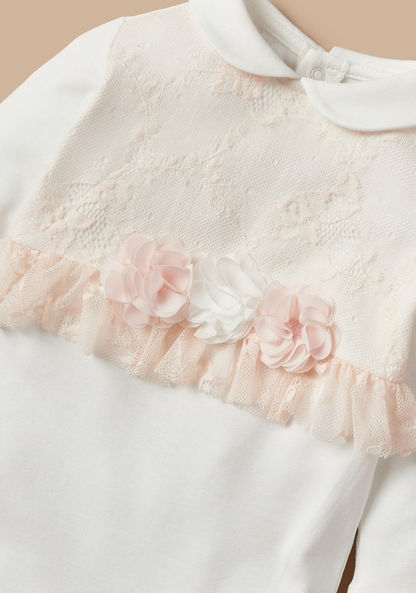 Giggles Lace Textured Sleepsuit with Collar and Flower Applique Detail-Sleepsuits-image-1