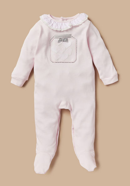 Giggles Studded Sleepsuit with Ruffled Collar and Bow Applique Detail-Sleepsuits-image-0