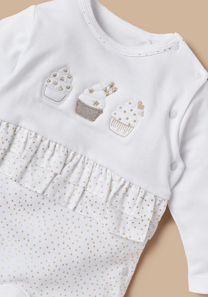 Giggles Glitter Print Sleepsuit with Cupcake Applique Detail-Sleepsuits-image-1