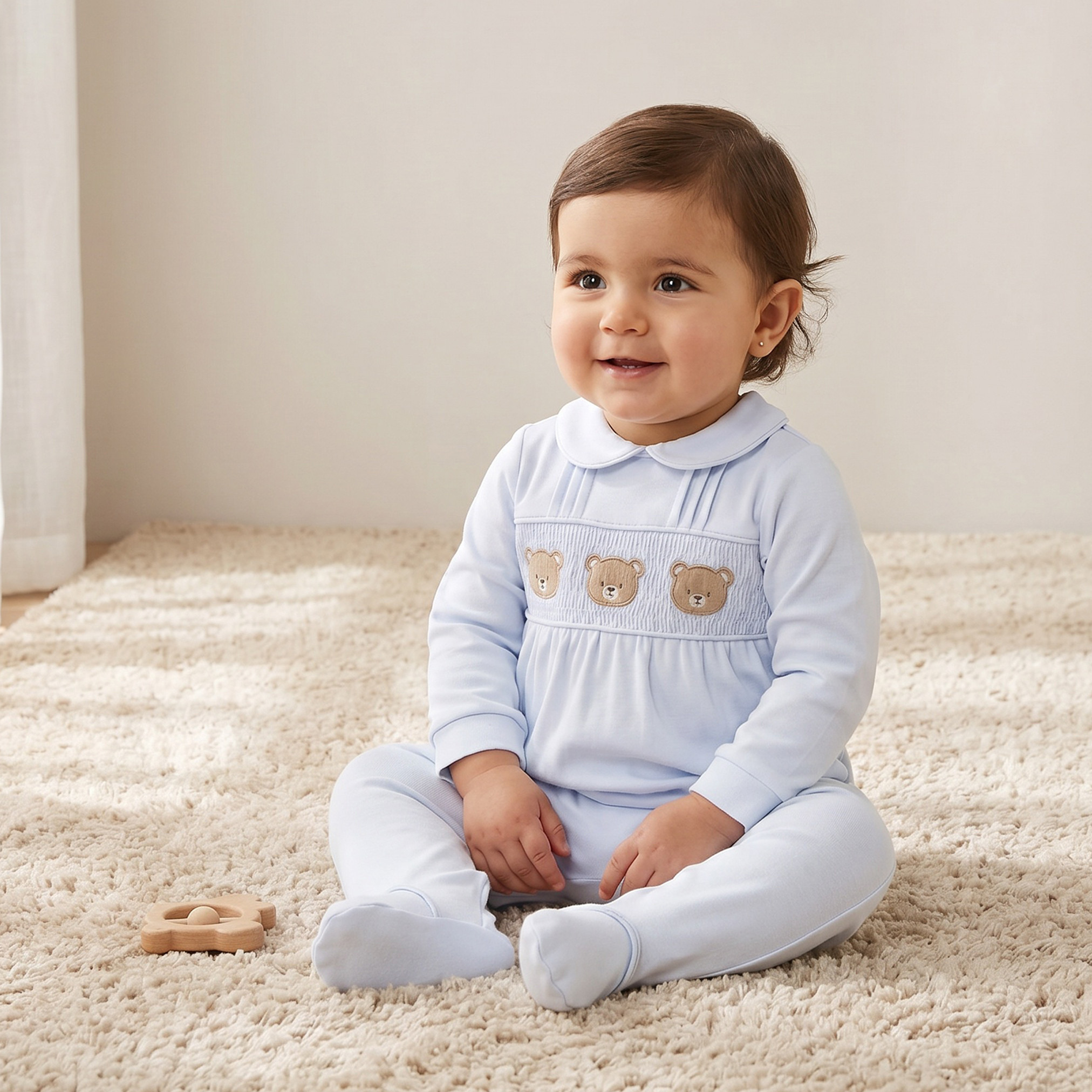 بدلة نوم قطن بياقة بيتر بان وتطريز دب تيدي وأكمام طويلة من جيجلز-baby-boys-clothing-nightwear-sleepsuits-image-1
