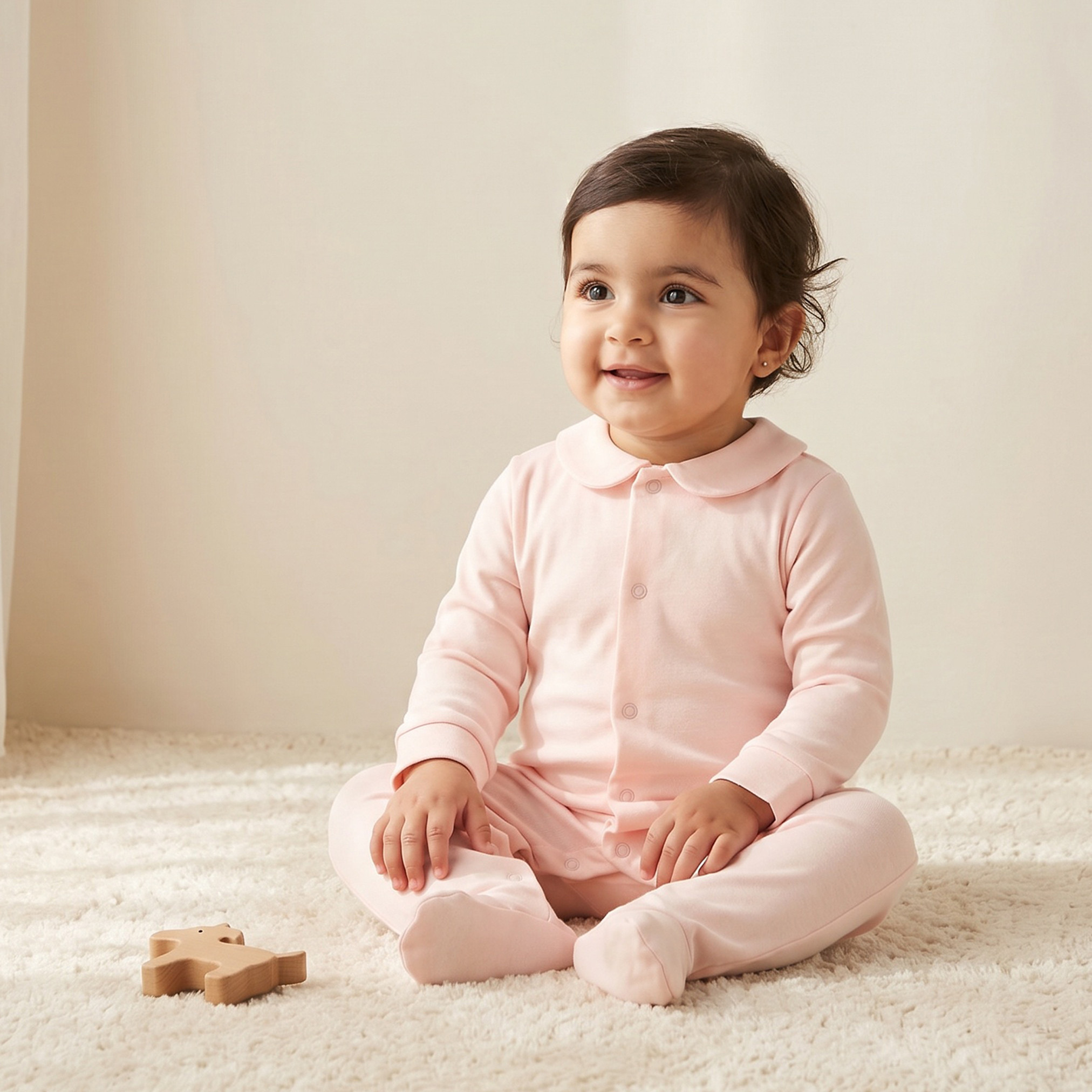 بدلة نوم بأكمام طويلة وياقة بيتر بان من قطن سوبيما مع تطريز زهور من جيجلز-baby-girls-clothing-nightwear-sleepsuits-image-1