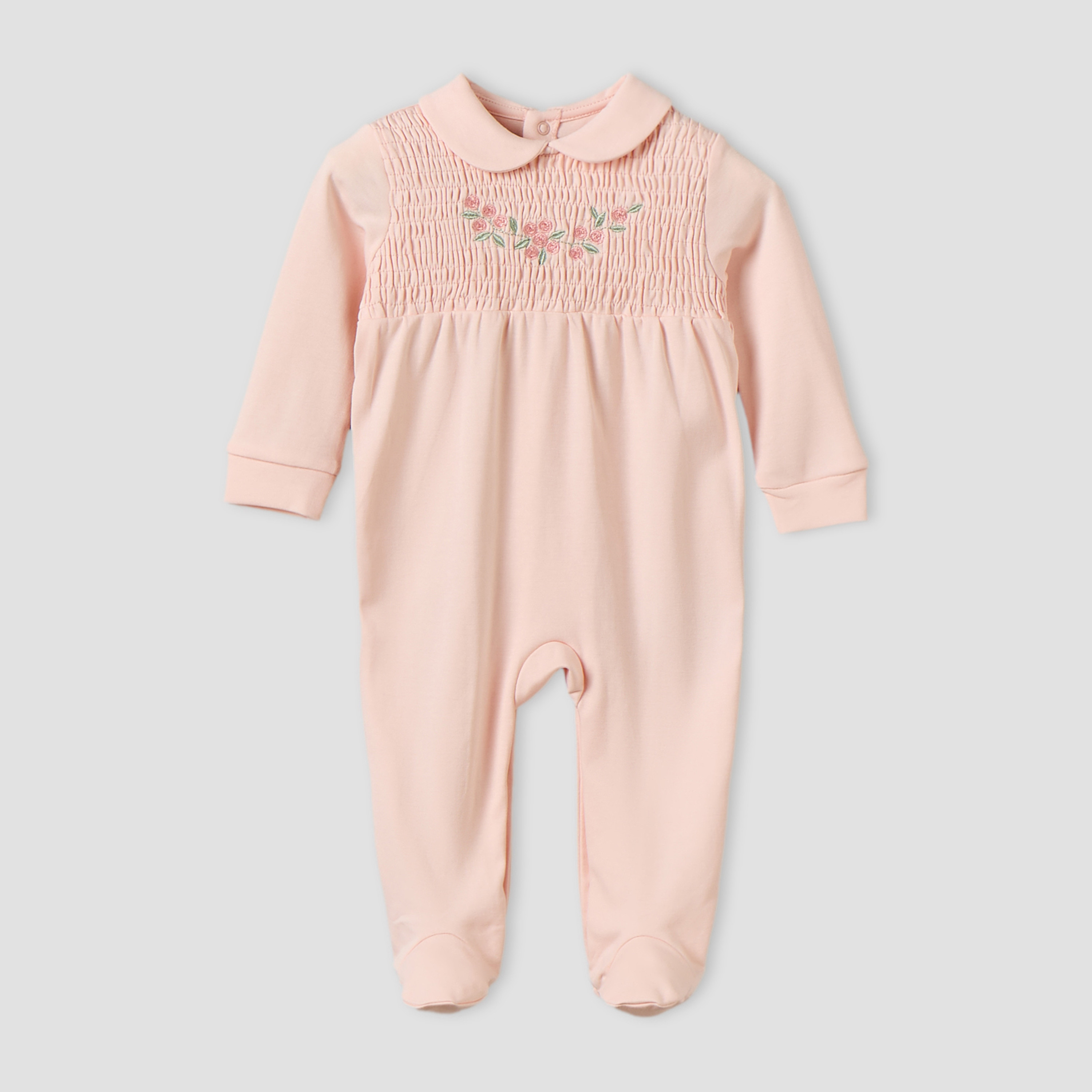 بدلة نوم بأكمام طويلة وياقة بيتر بان من قطن سوبيما مع تطريز زهور من جيجلز-baby-girls-clothing-nightwear-sleepsuits-image-2