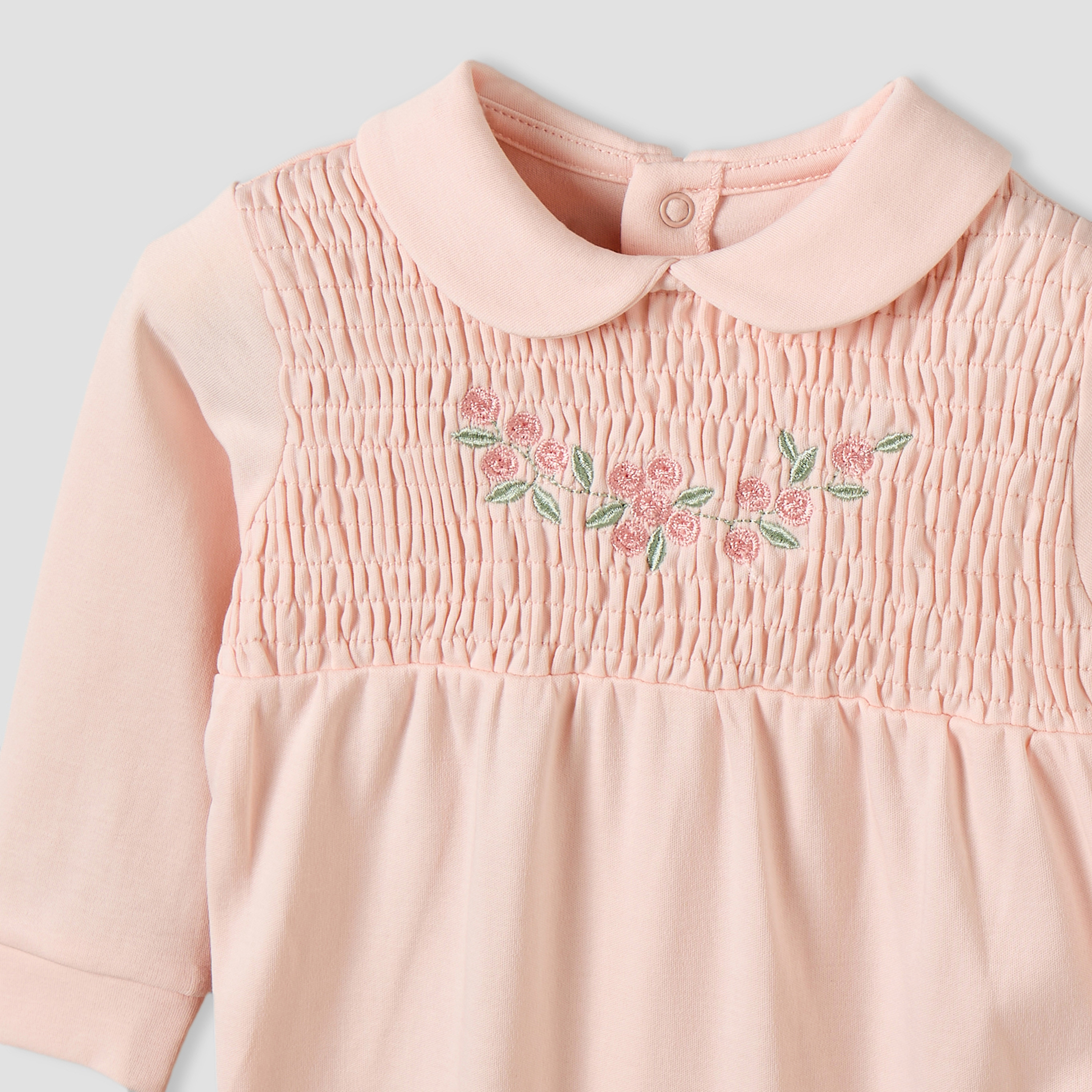 بدلة نوم بأكمام طويلة وياقة بيتر بان من قطن سوبيما مع تطريز زهور من جيجلز-baby-girls-clothing-nightwear-sleepsuits-image-4