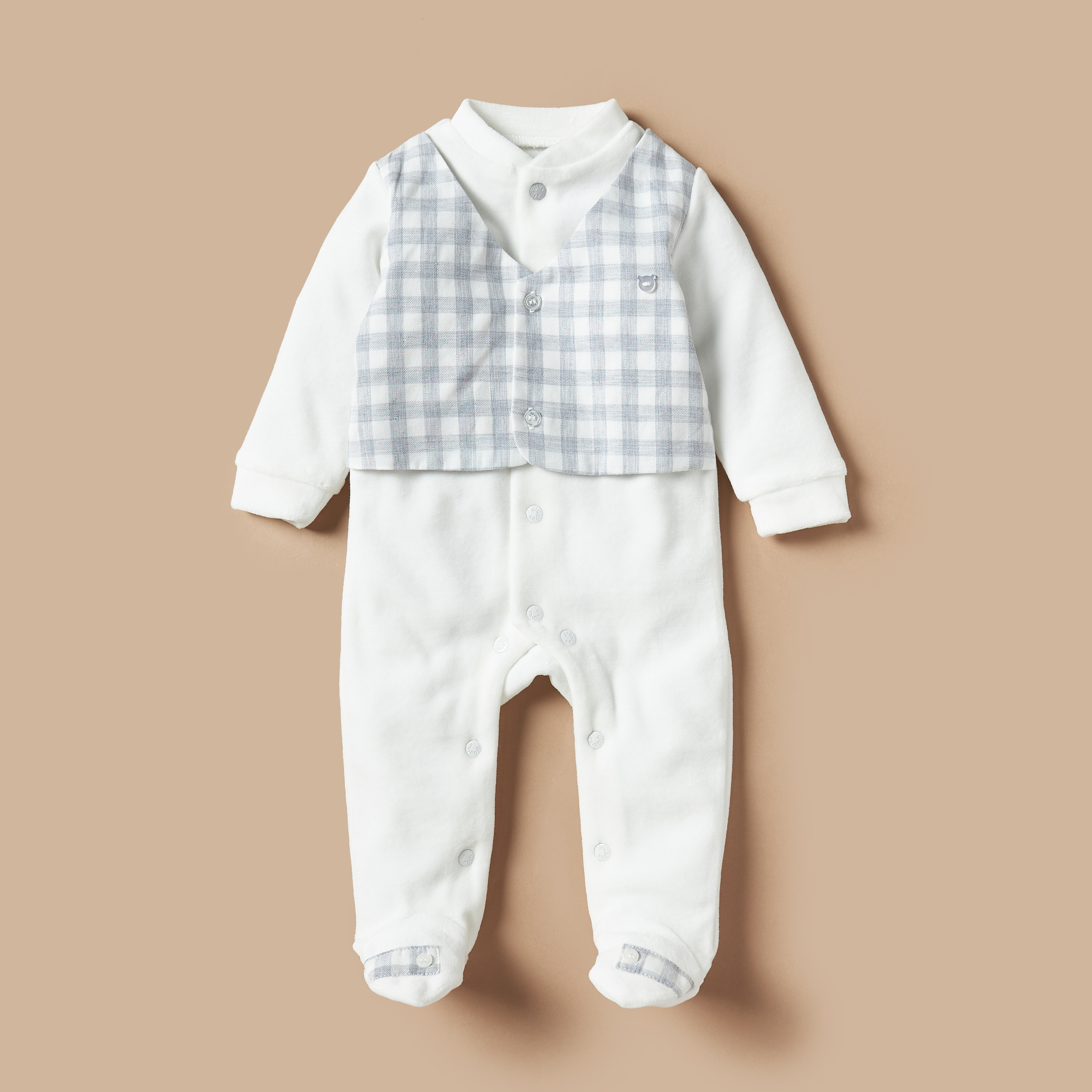 بدلة نوم سادة بتفاصيل معطف مربعات من جيجلز-baby-boys-clothing-nightwear-sleepsuits-image-1