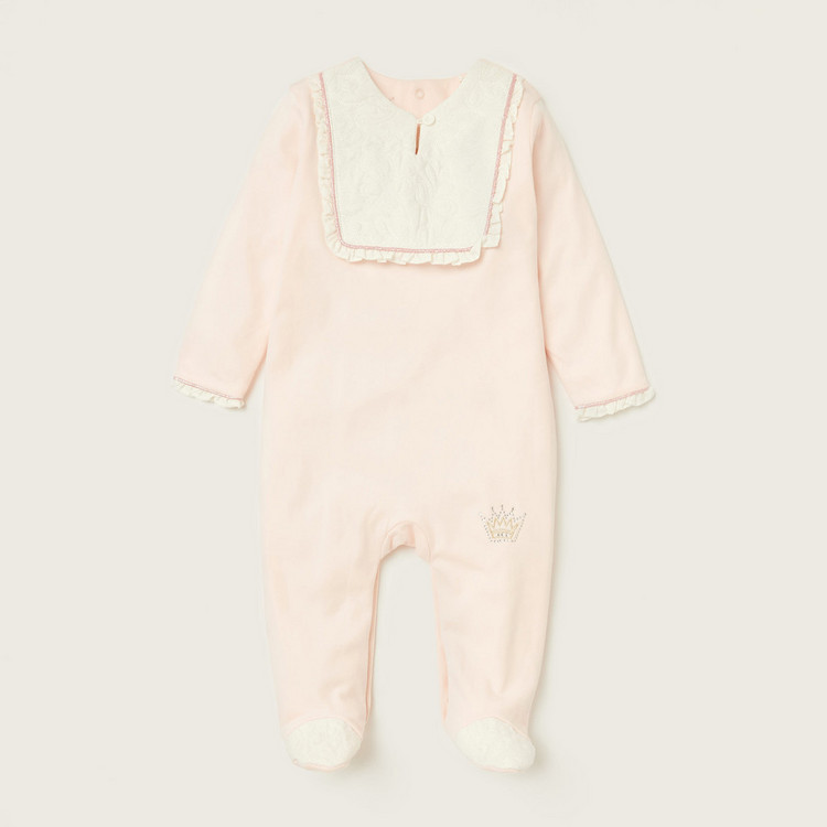 Giggles Solid Closed Feet Sleepsuit with Long Sleeves and Lace Detail