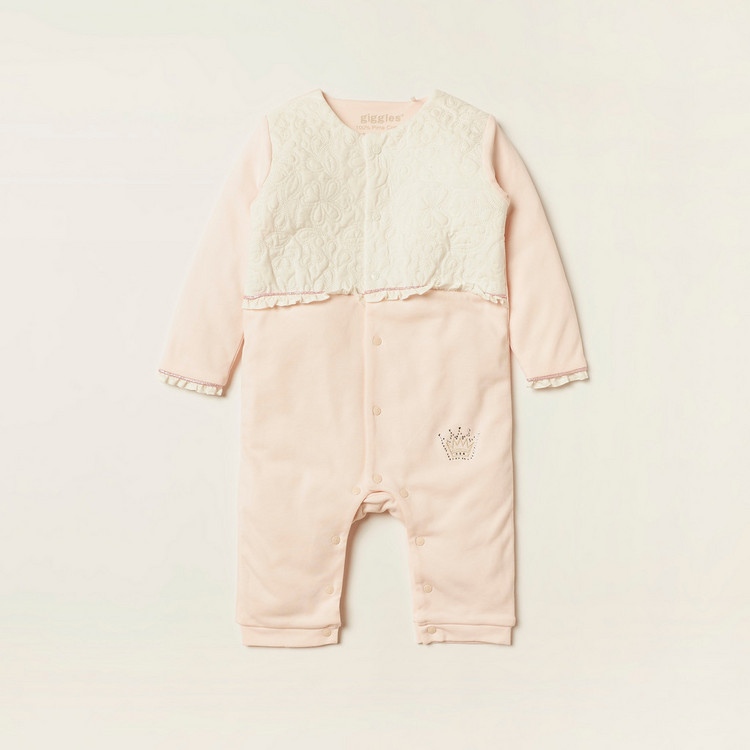 Giggles Embroidered Sleepsuit with Frill Detail and Snap Button Closure