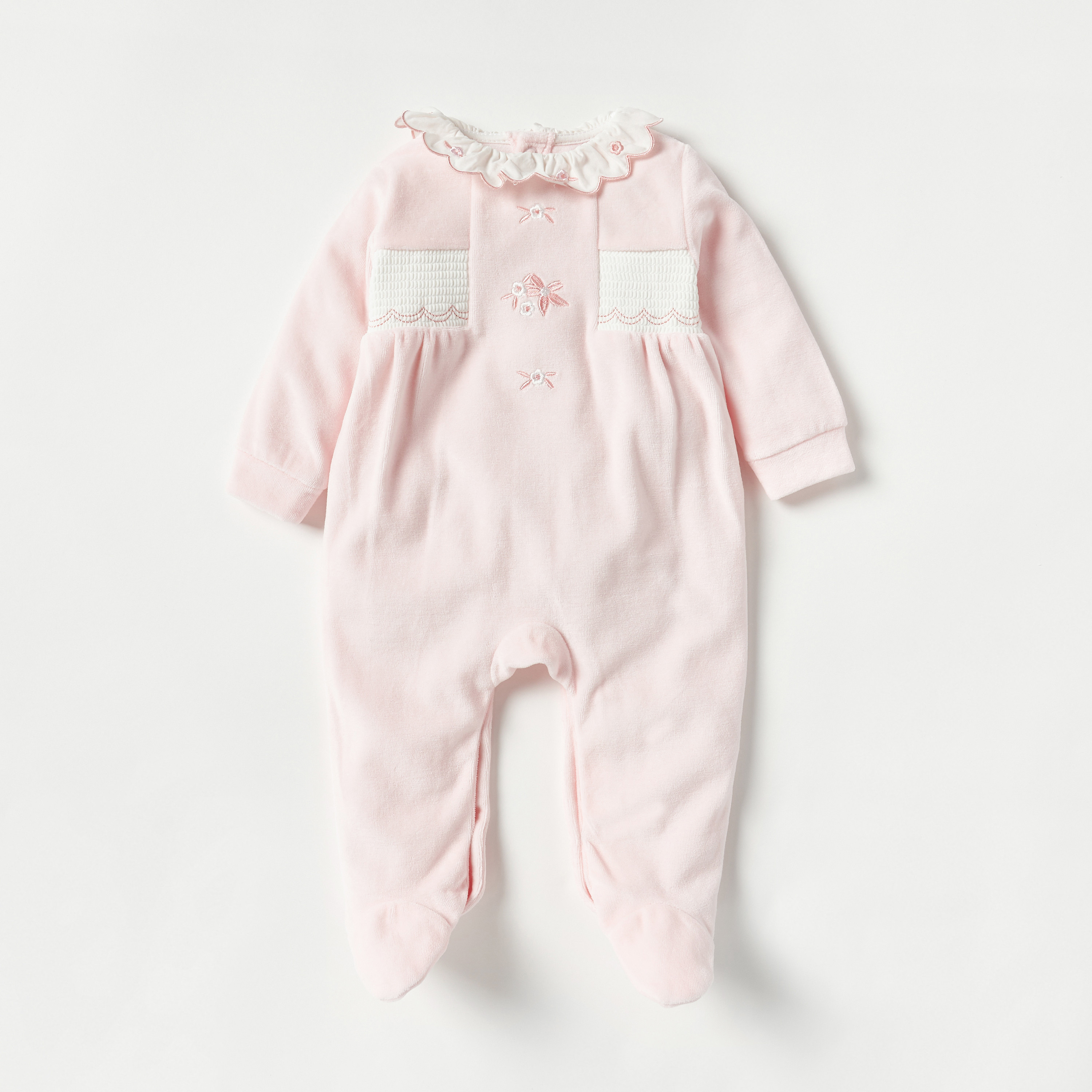 Giggles Embroidered Sleepsuit with Ruffle Collar and Smock Detail-baby-girls-clothing-nightwear-sleepsuits-image-1