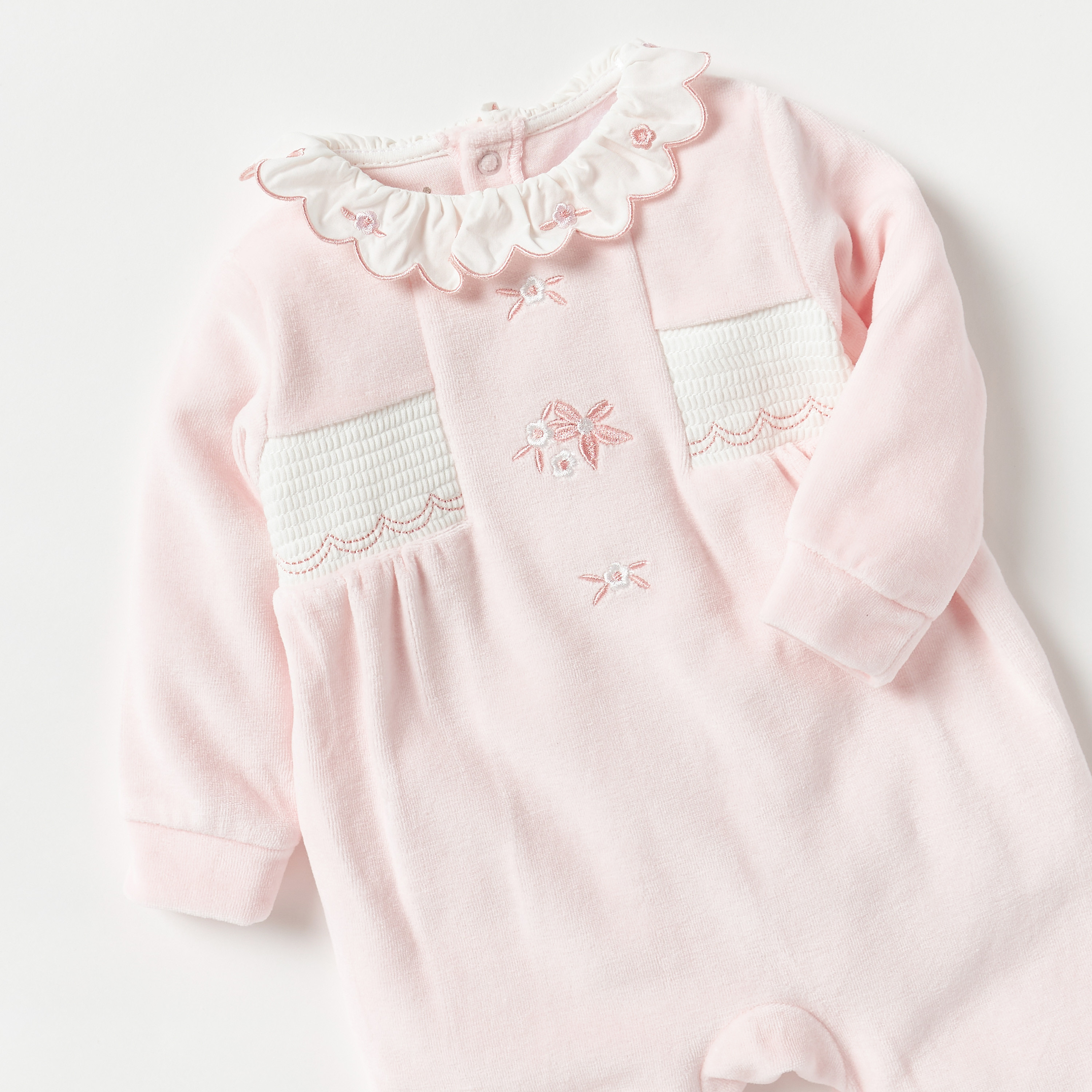 Giggles Embroidered Sleepsuit with Ruffle Collar and Smock Detail-baby-girls-clothing-nightwear-sleepsuits-image-2