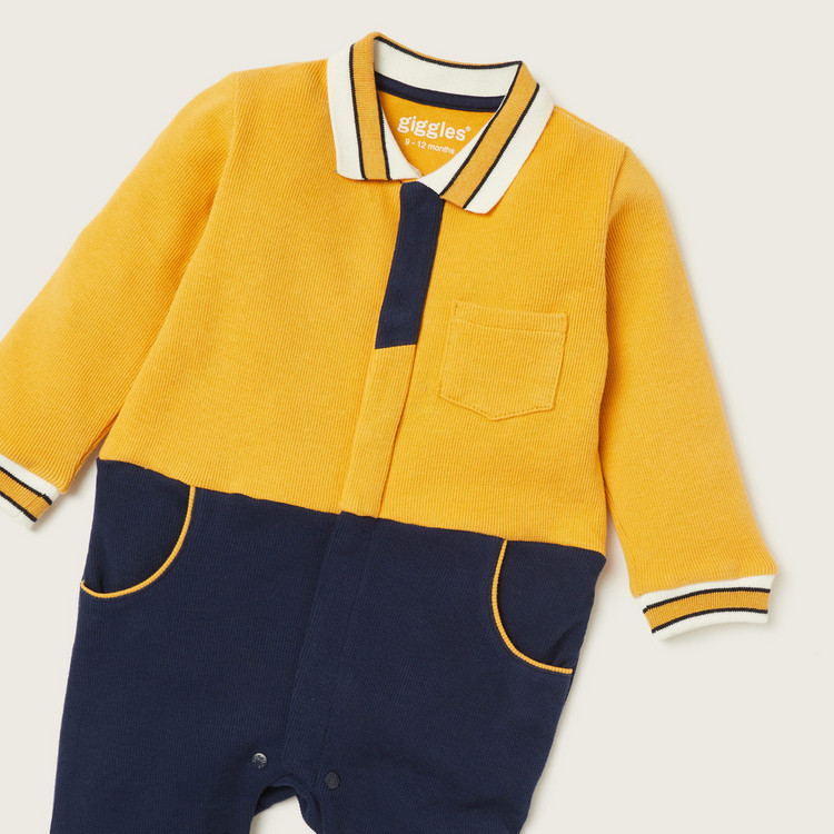 Giggles Colourblocked Sleepsuit with Collar and Long Sleeves
