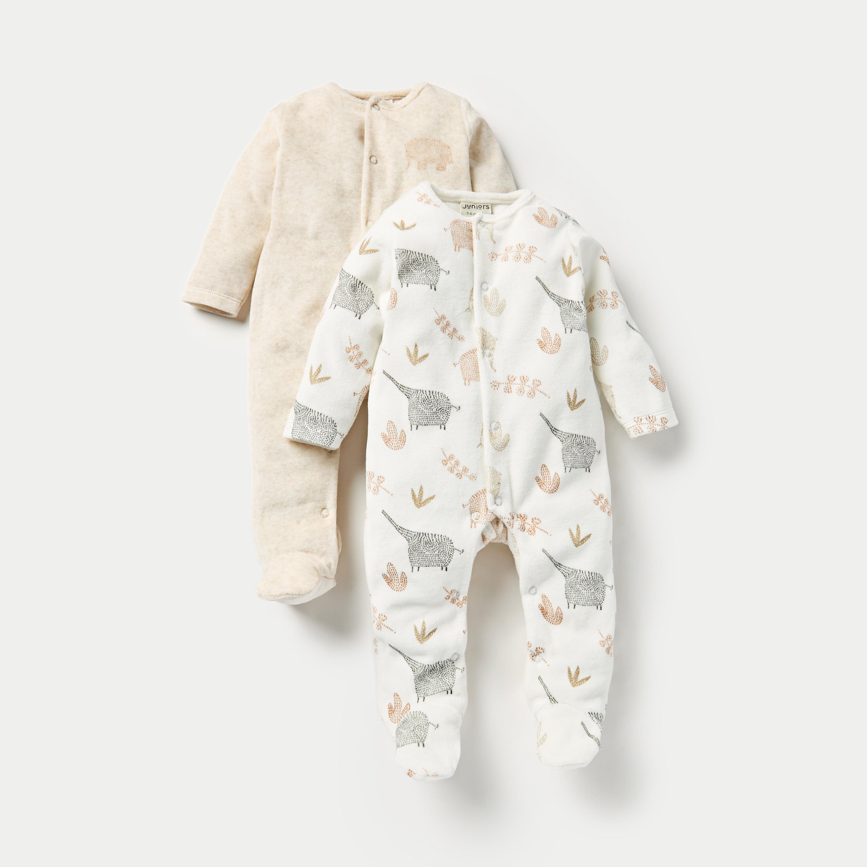 Juniors Elephant Print Velour Closed Feet Sleepsuit with Long Sleeves - Set of 2-baby-girls-clothing-nightwear-sleepsuits-image-1