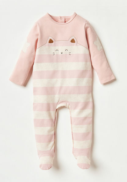 Giggles Printed Sleepsuit with Cat Embroidery Detail-Sleepsuits-image-0