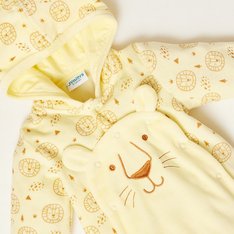 Juniors Lion Print Closed Feet Sleepsuit with Long Sleeves and Hood
