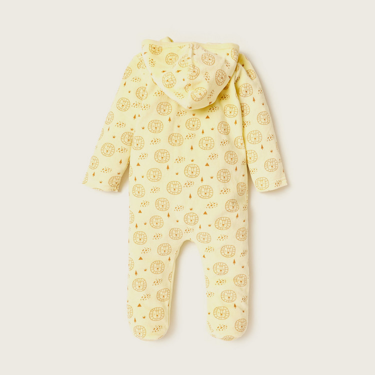 Juniors Lion Print Closed Feet Sleepsuit with Long Sleeves and Hood